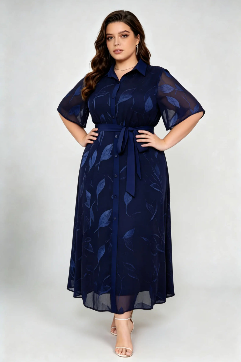 Curvy model wearing plus size blue navy leaf jacquard shirt maxi dress, collared short sleeve self-tie belted a-line dress