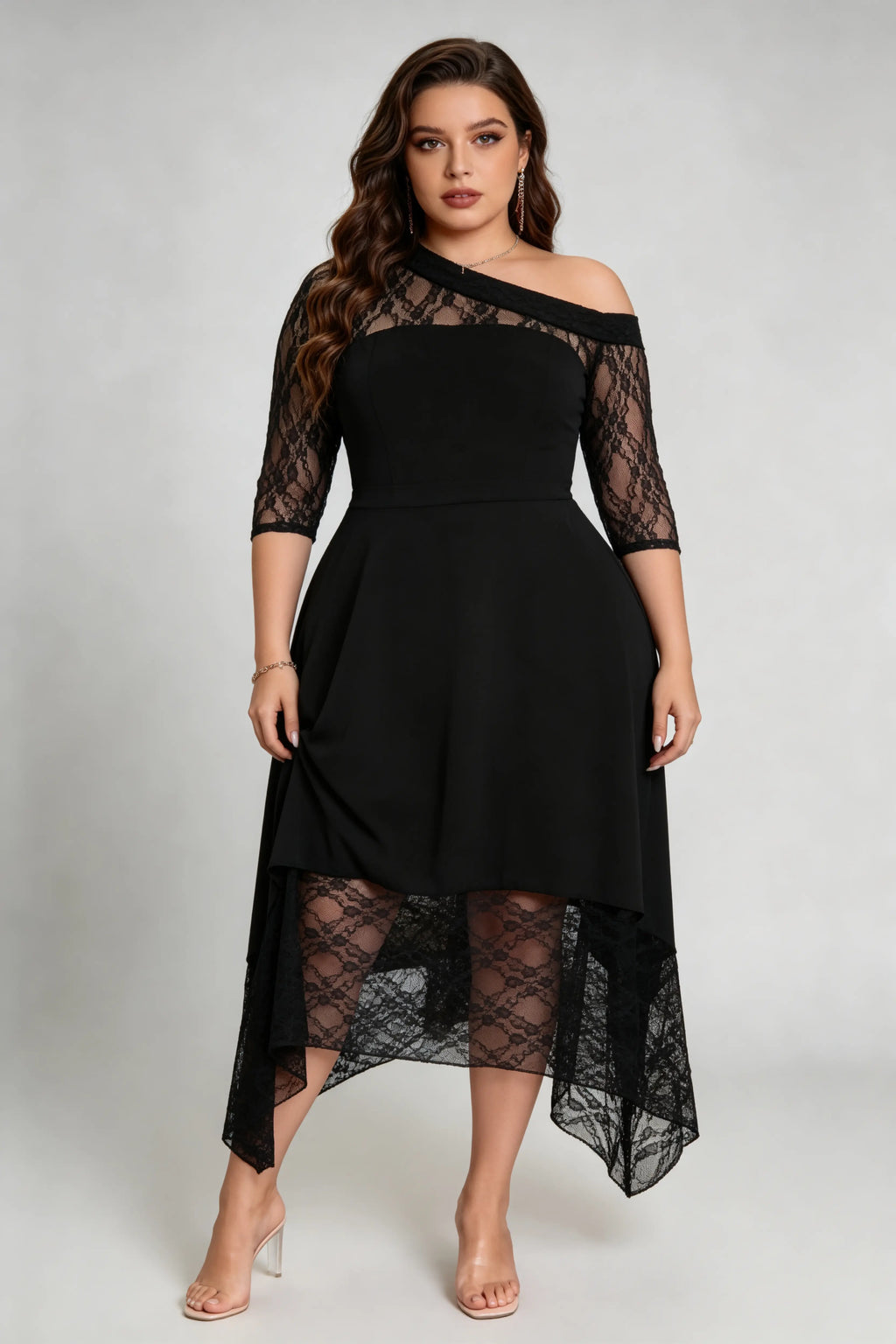 Plus Size Black Lace Asymmetrical Midi Dress, Off-Shoulder Quarter Sleeve A-Line Formal Cocktail Dress