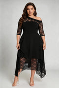 Plus Size Black Lace Asymmetrical Midi Dress, Off-Shoulder Quarter Sleeve A-Line Formal Cocktail Dress