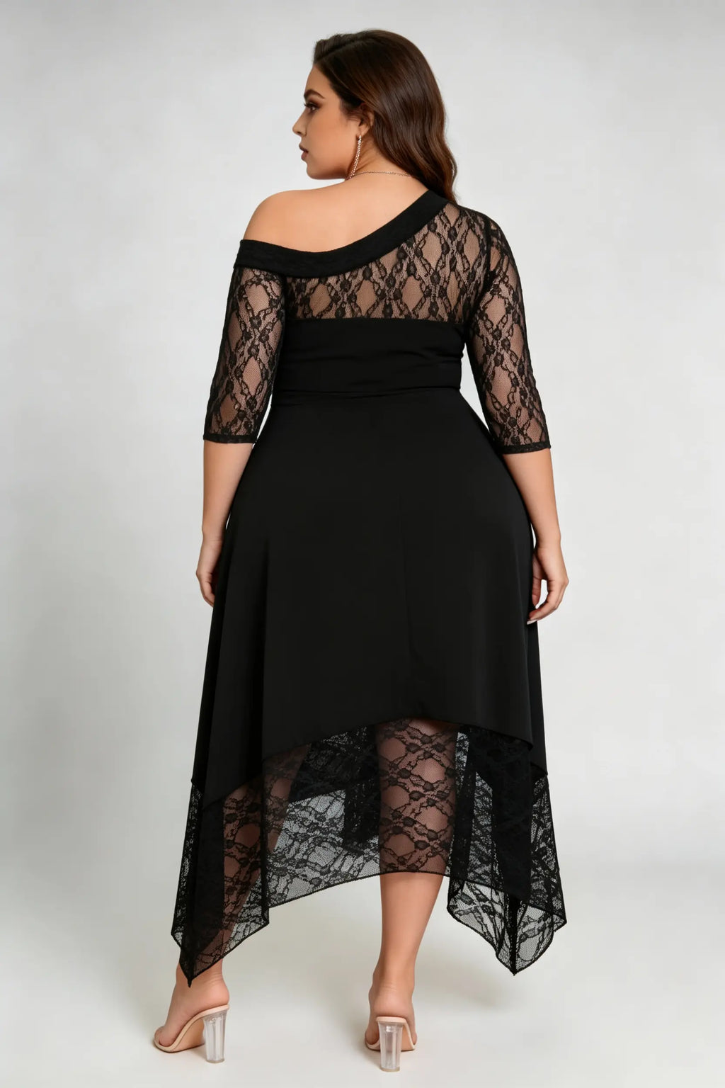 Plus Size Black Lace Asymmetrical Midi Dress, Off-Shoulder Quarter Sleeve A-Line Formal Cocktail Dress
