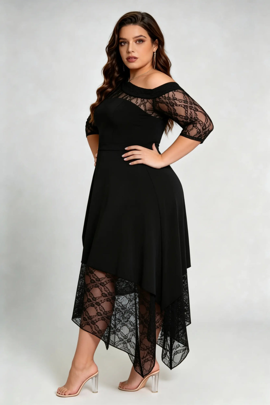 Plus Size Black Lace Asymmetrical Midi Dress, Off-Shoulder Quarter Sleeve A-Line Formal Cocktail Dress