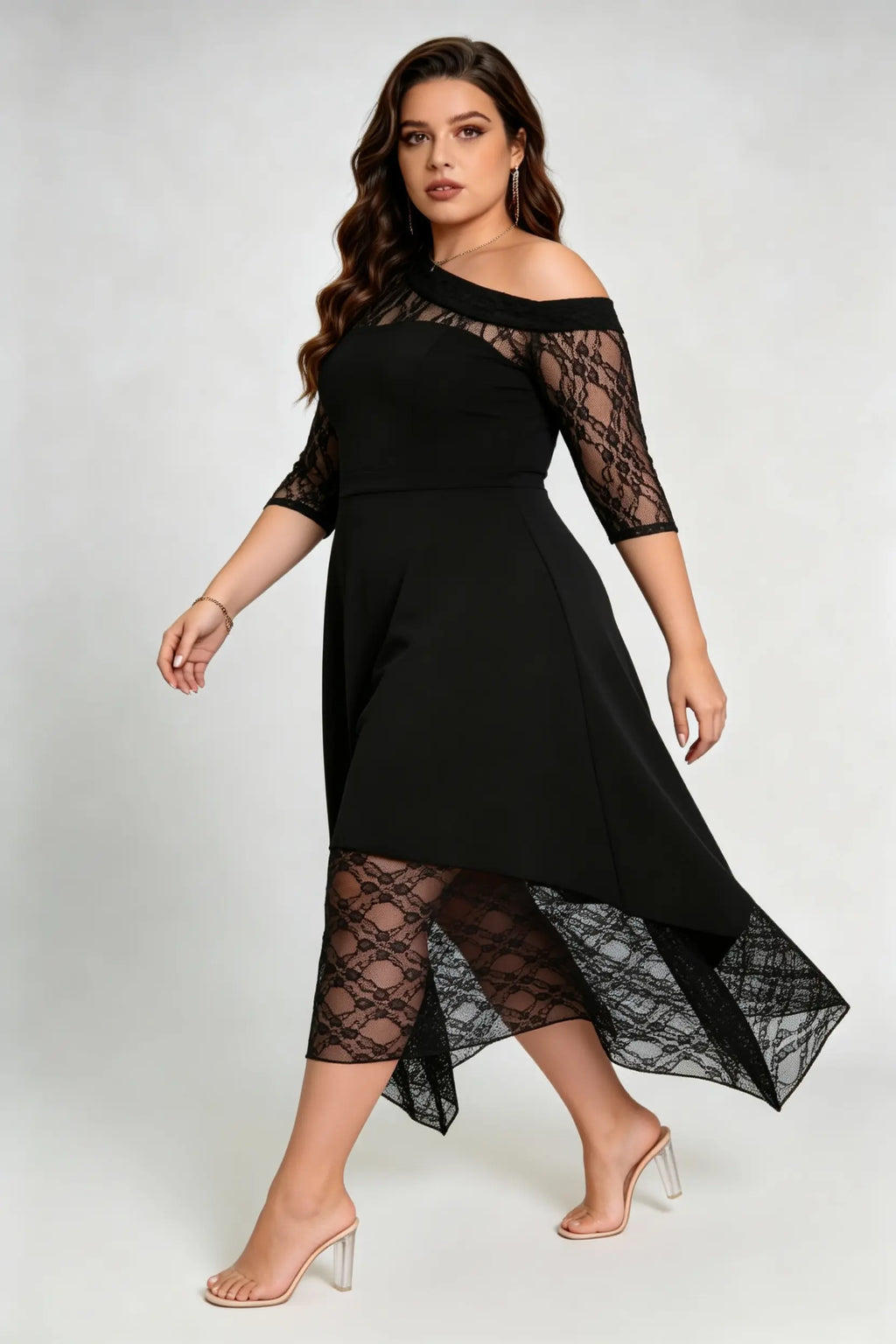 Plus Size Black Lace Asymmetrical Midi Dress, Off-Shoulder Quarter Sleeve A-Line Formal Cocktail Dress