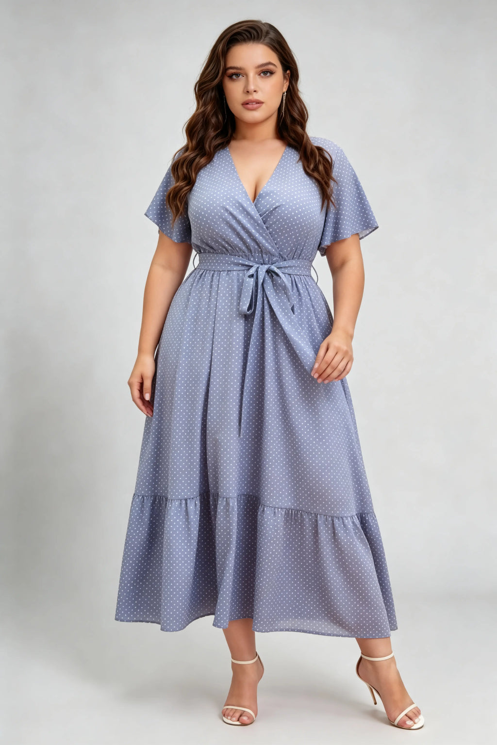Curvy model wearing plus size blue polka dot wrap maxi dress, v-neck flutter sleeve a-line with belt, elegant summer dress