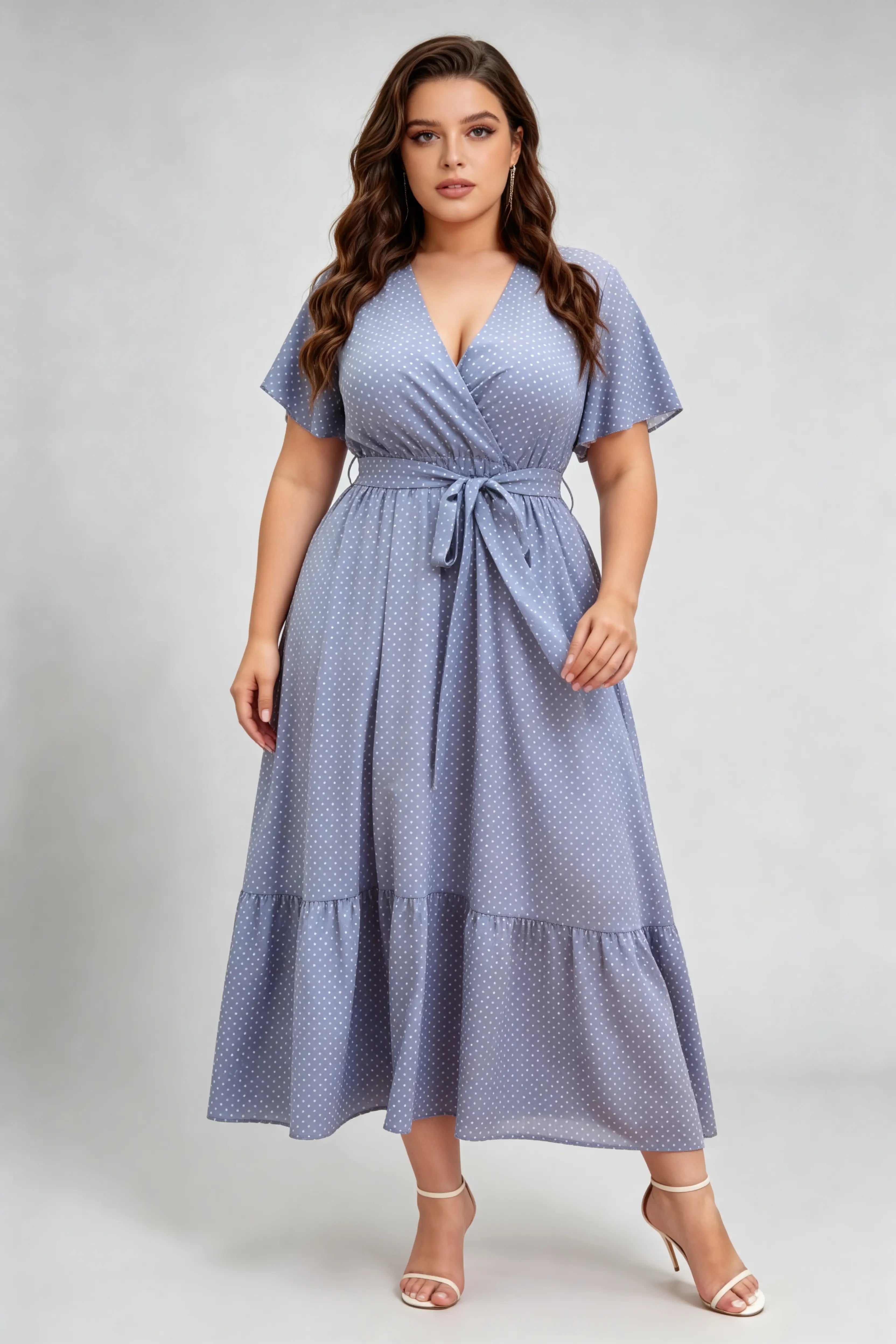 Curvy model wearing plus size blue polka dot wrap maxi dress, v-neck flutter sleeve a-line with belt, elegant summer dress