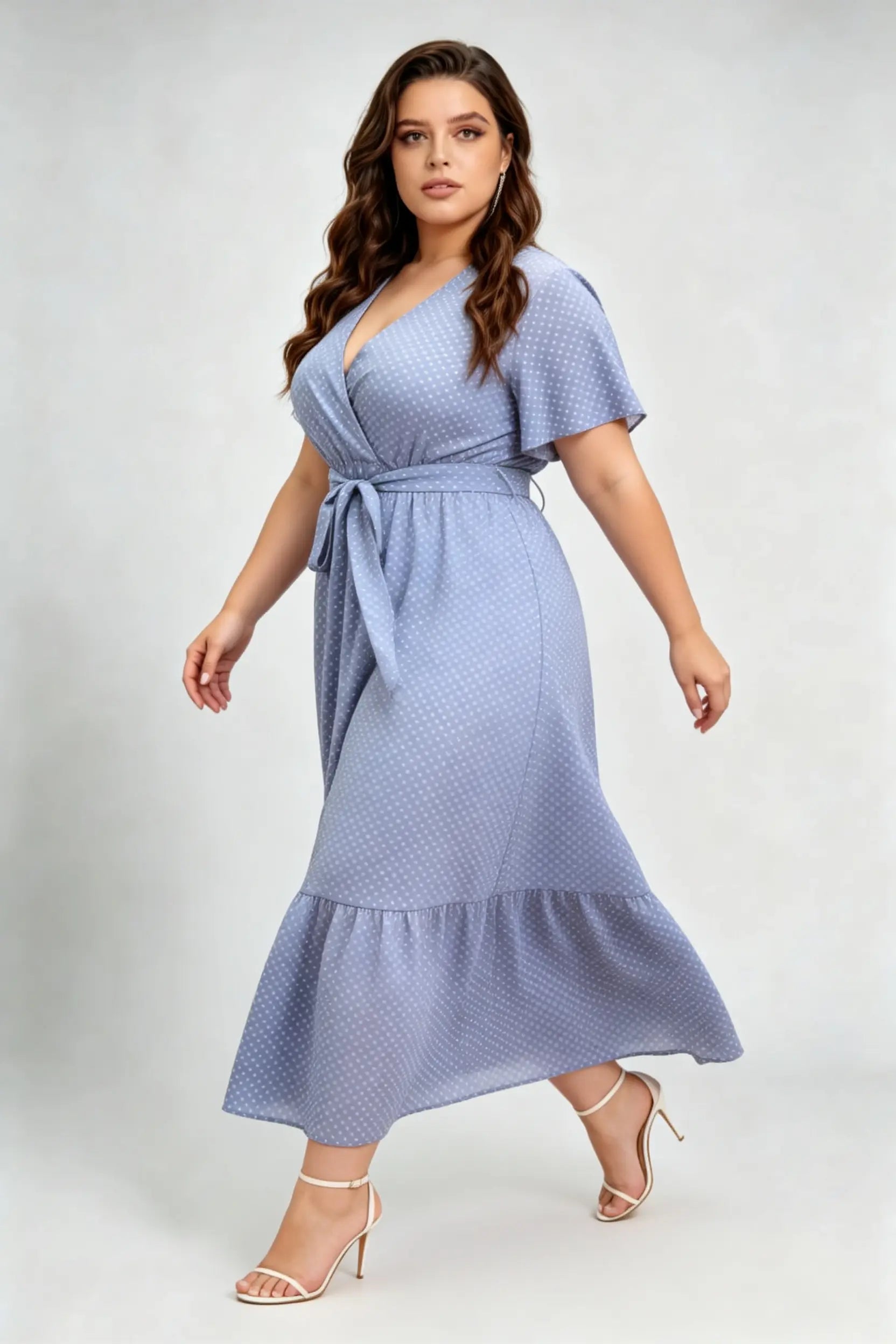 Curvy model wearing plus size blue polka dot wrap maxi dress, v-neck flutter sleeve a-line with belt, elegant summer dress