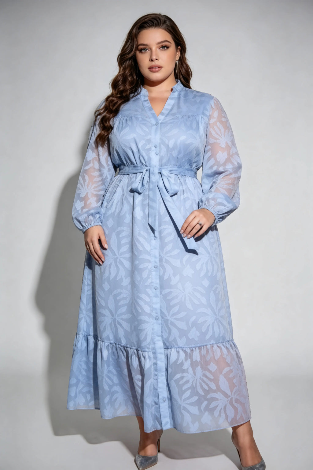 Curvy model wearing plus size light blue floral jacquard shirt maxi dress, long sleeve button-down with waist tie, elegant summer dress