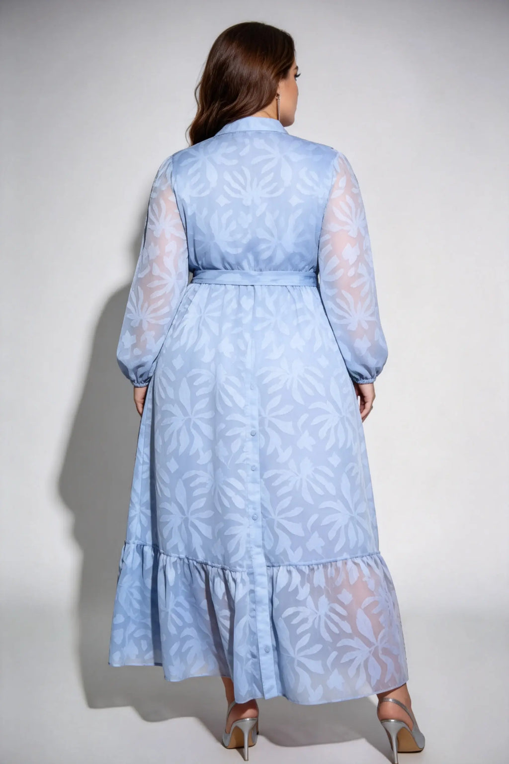 Curvy model wearing plus size light blue floral jacquard shirt maxi dress, long sleeve button-down with waist tie, elegant summer dress