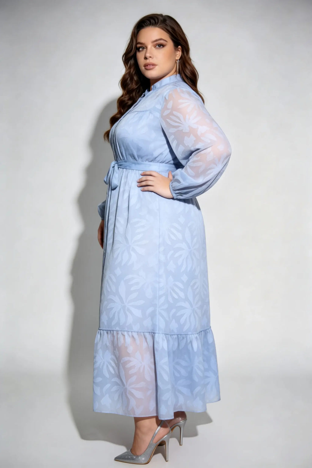 Curvy model wearing plus size light blue floral jacquard shirt maxi dress, long sleeve button-down with waist tie, elegant summer dress