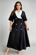 Plus Size Black & White Contrast Collar Midi Dress, Double-Breasted with Lace-Up Waist, Elegant Workwear Dress
