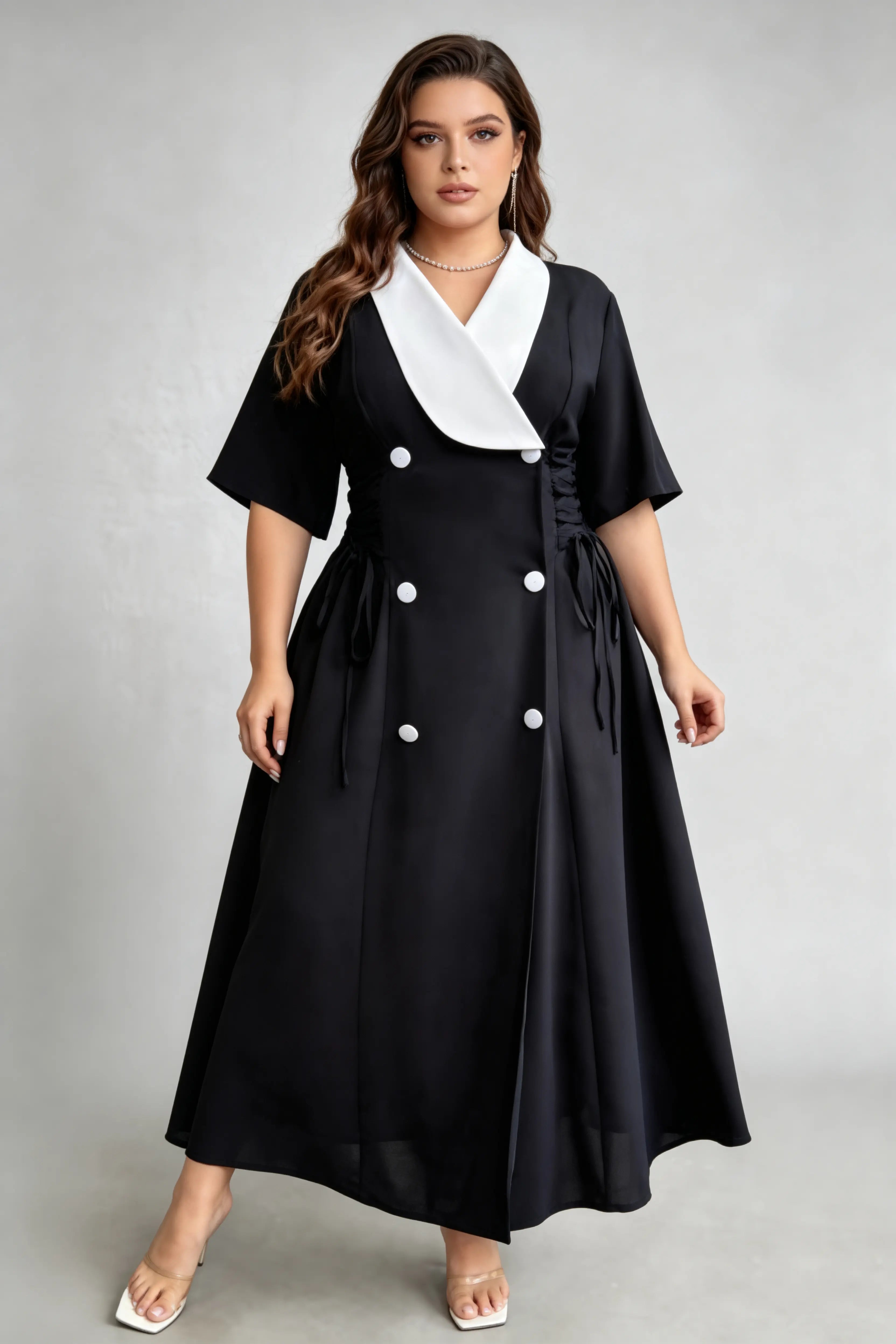 Plus Size Black & White Contrast Collar Midi Dress, Double-Breasted with Lace-Up Waist, Elegant Workwear Dress