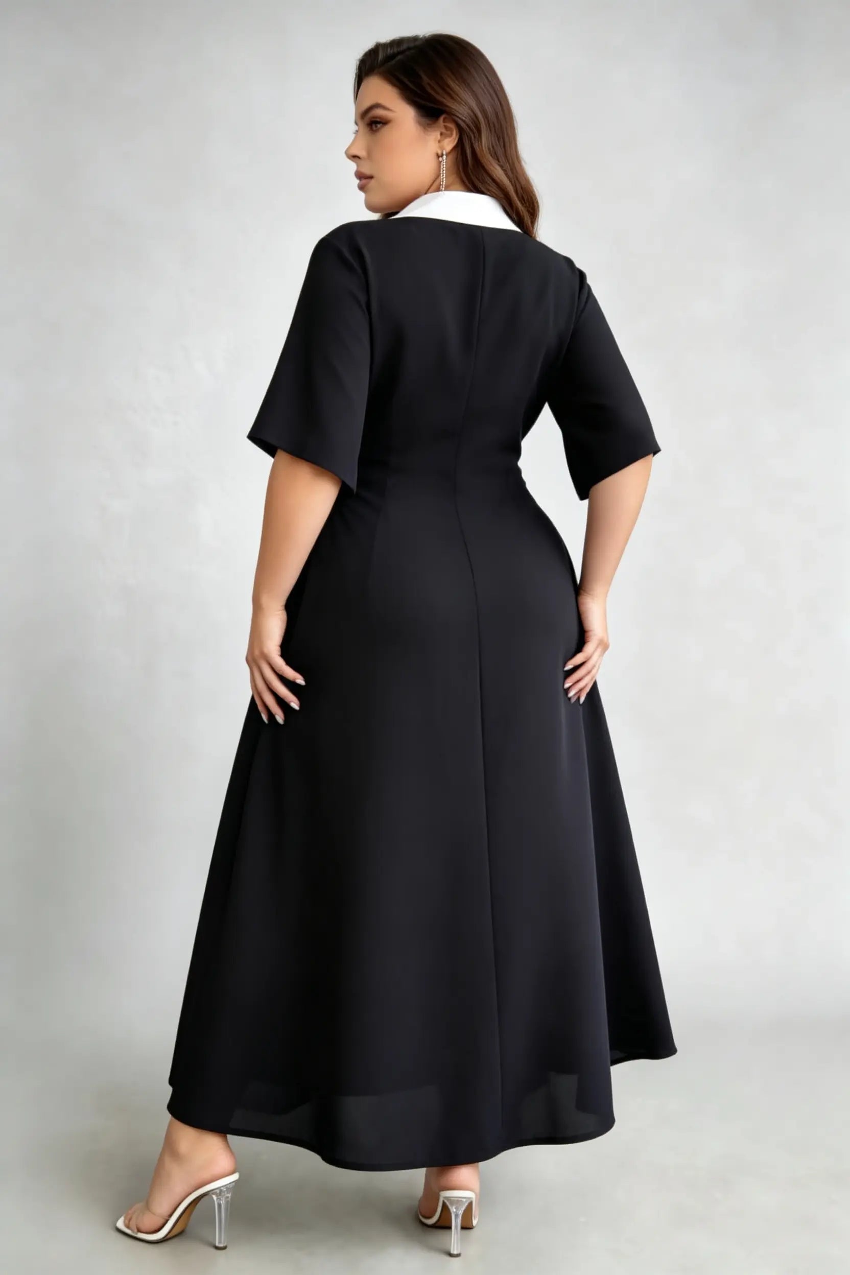 Plus Size Black & White Contrast Collar Midi Dress, Double-Breasted with Lace-Up Waist, Elegant Workwear Dress