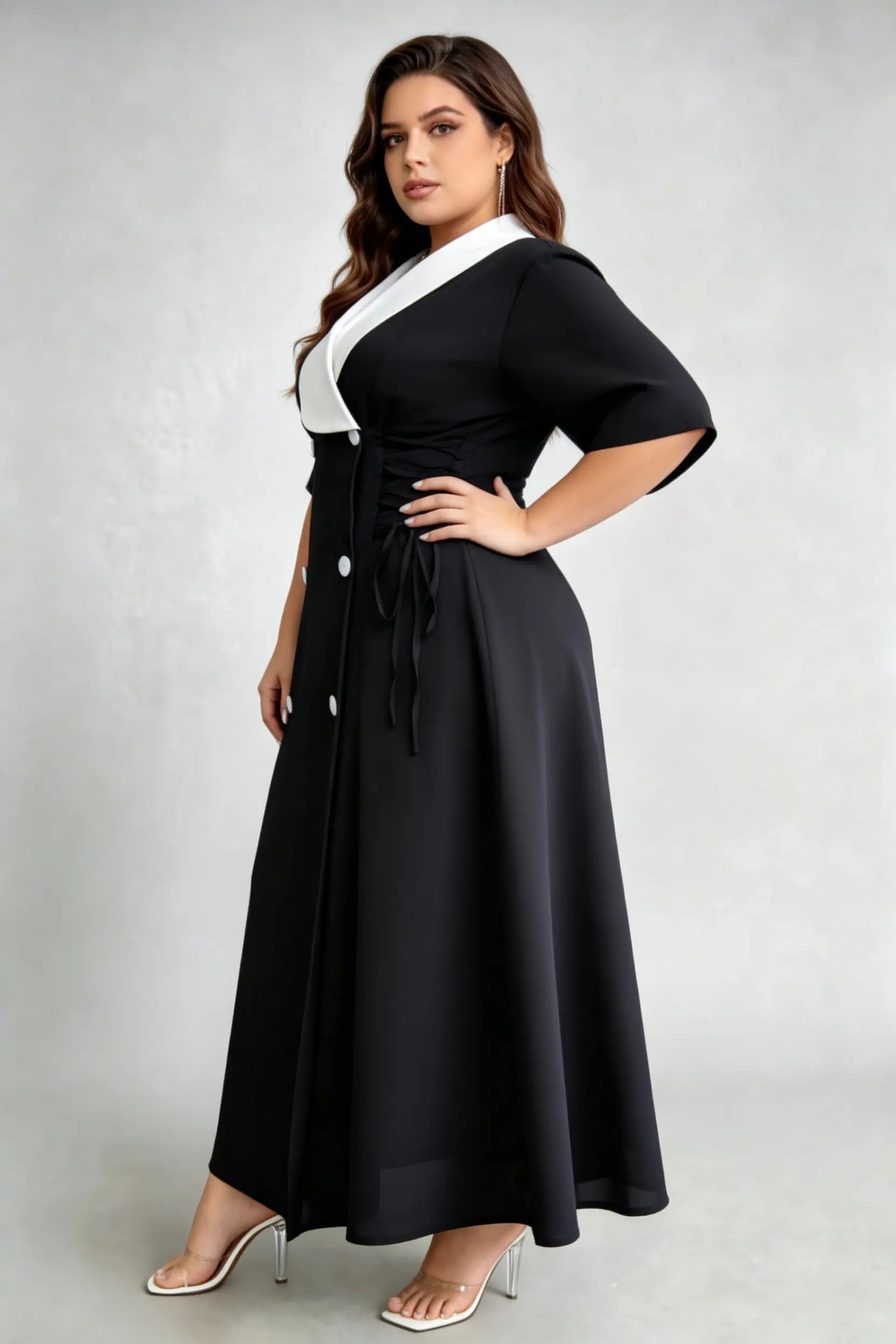 Plus Size Black & White Contrast Collar Midi Dress, Double-Breasted with Lace-Up Waist, Elegant Workwear Dress