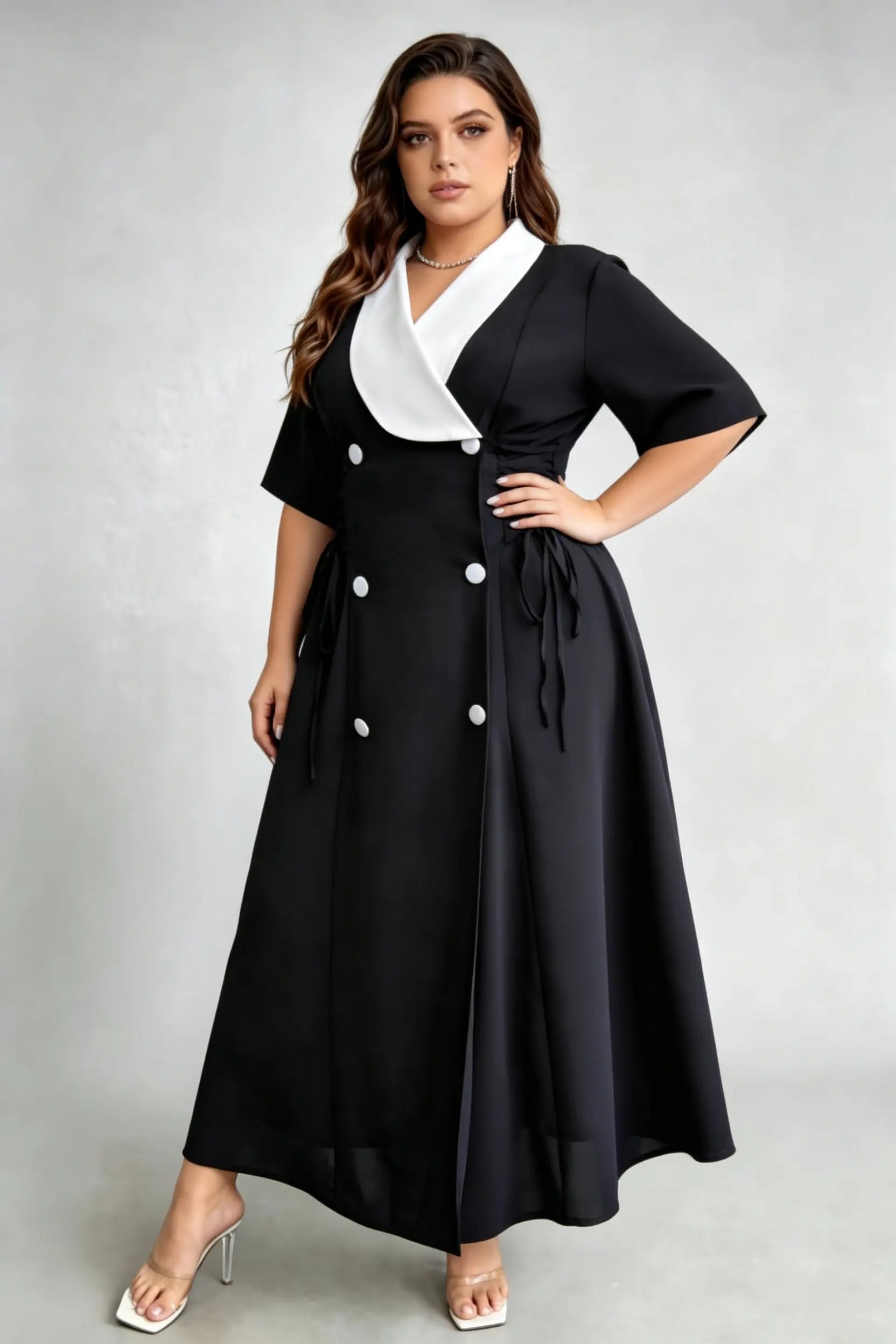 Plus Size Black & White Contrast Collar Midi Dress, Double-Breasted with Lace-Up Waist, Elegant Workwear Dress