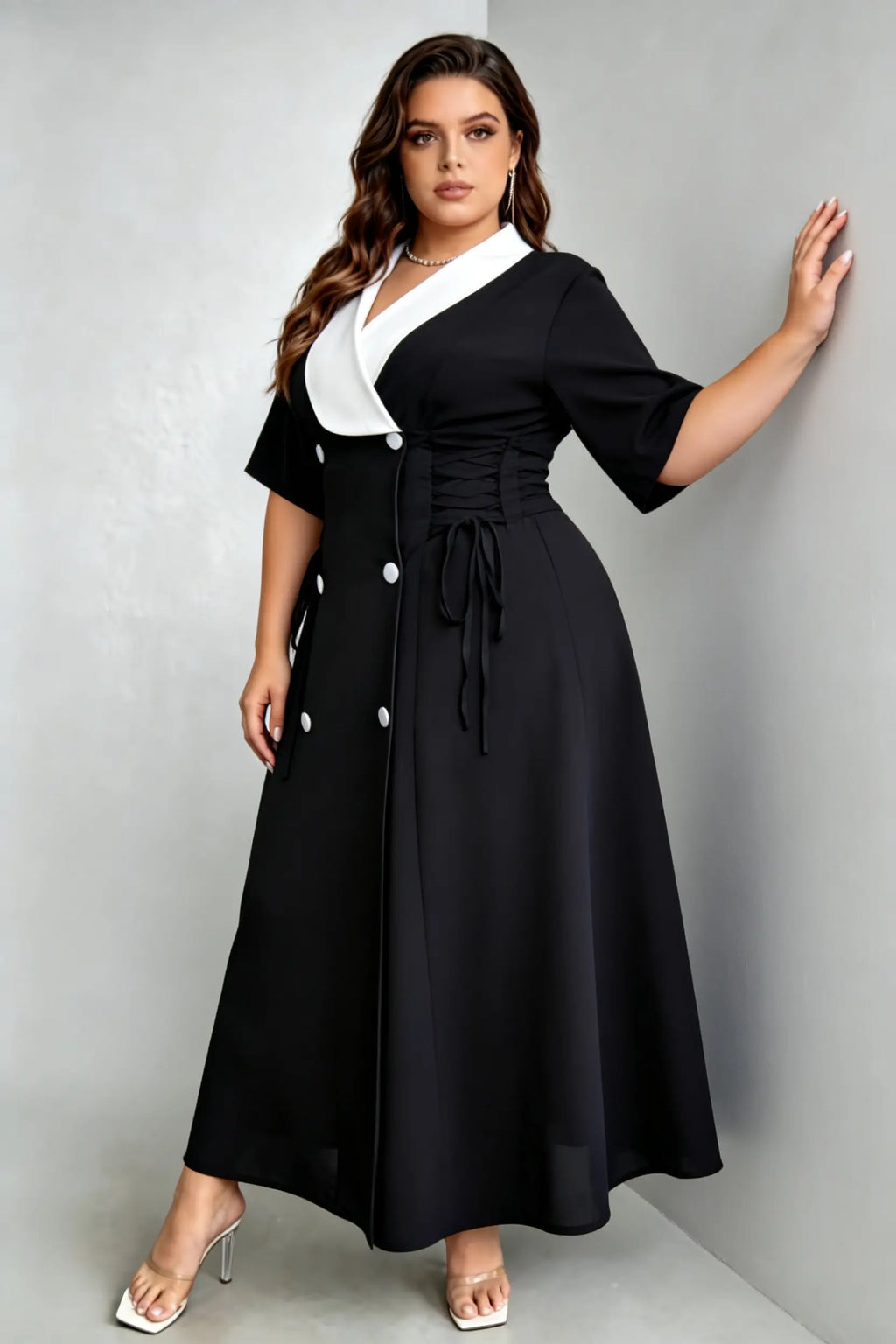Plus Size Black & White Contrast Collar Midi Dress, Double-Breasted with Lace-Up Waist, Elegant Workwear Dress
