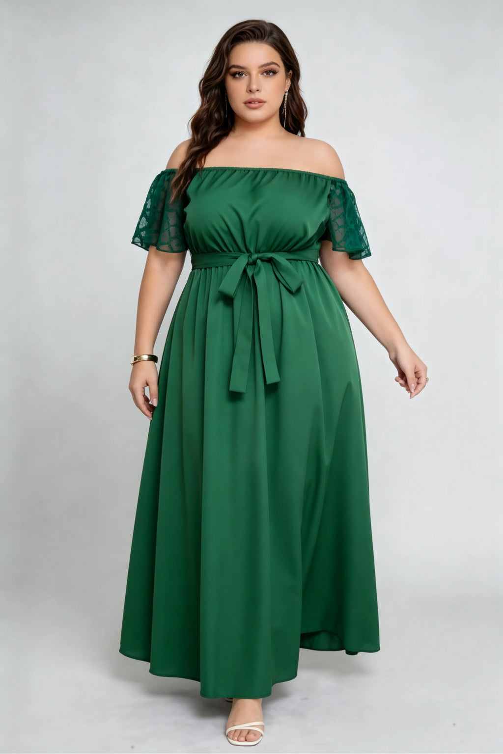 Plus Size Green Off-Shoulder Lace Sleeve Maxi Dress with Waist Tie, Elegant Formal Dress