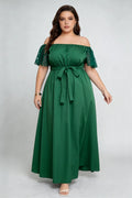 Plus Size Green Off-Shoulder Lace Sleeve Maxi Dress with Waist Tie, Elegant Formal Dress