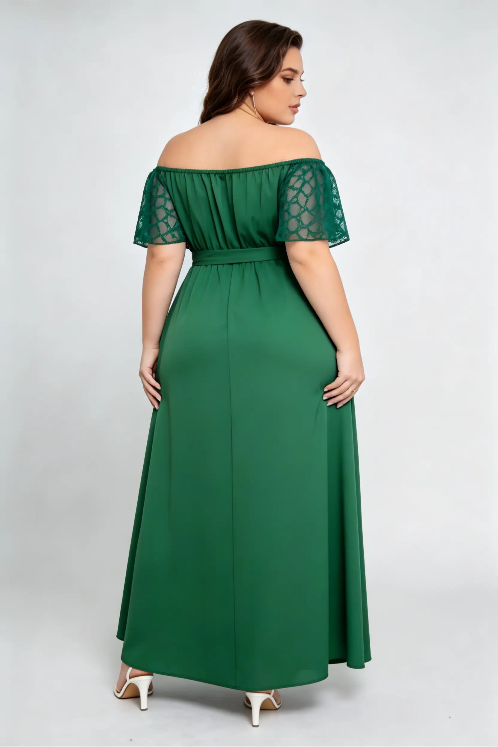 Plus Size Green Off-Shoulder Lace Sleeve Maxi Dress with Waist Tie, Elegant Formal Dress