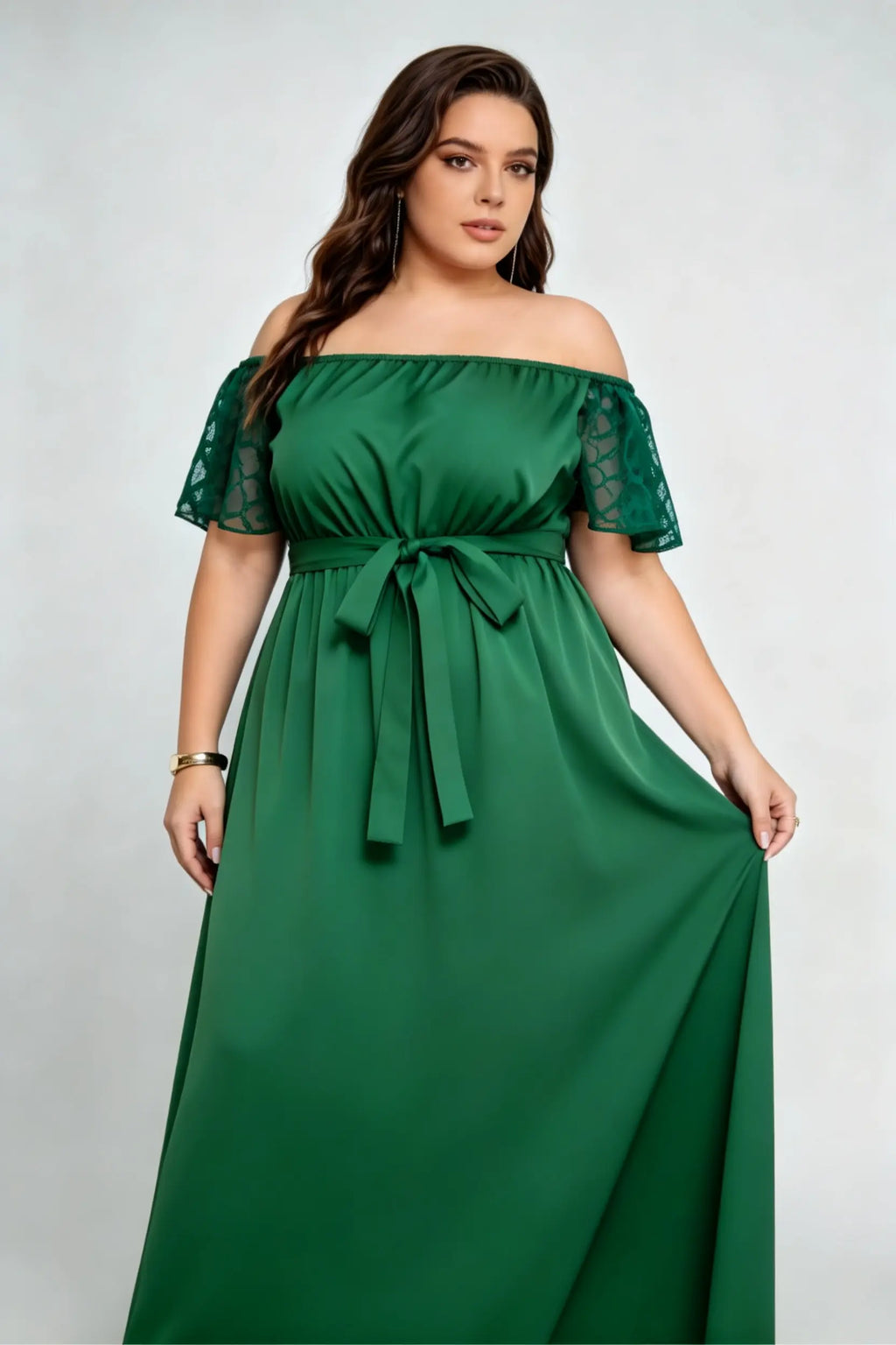 Plus Size Green Off-Shoulder Lace Sleeve Maxi Dress with Waist Tie, Elegant Formal Dress