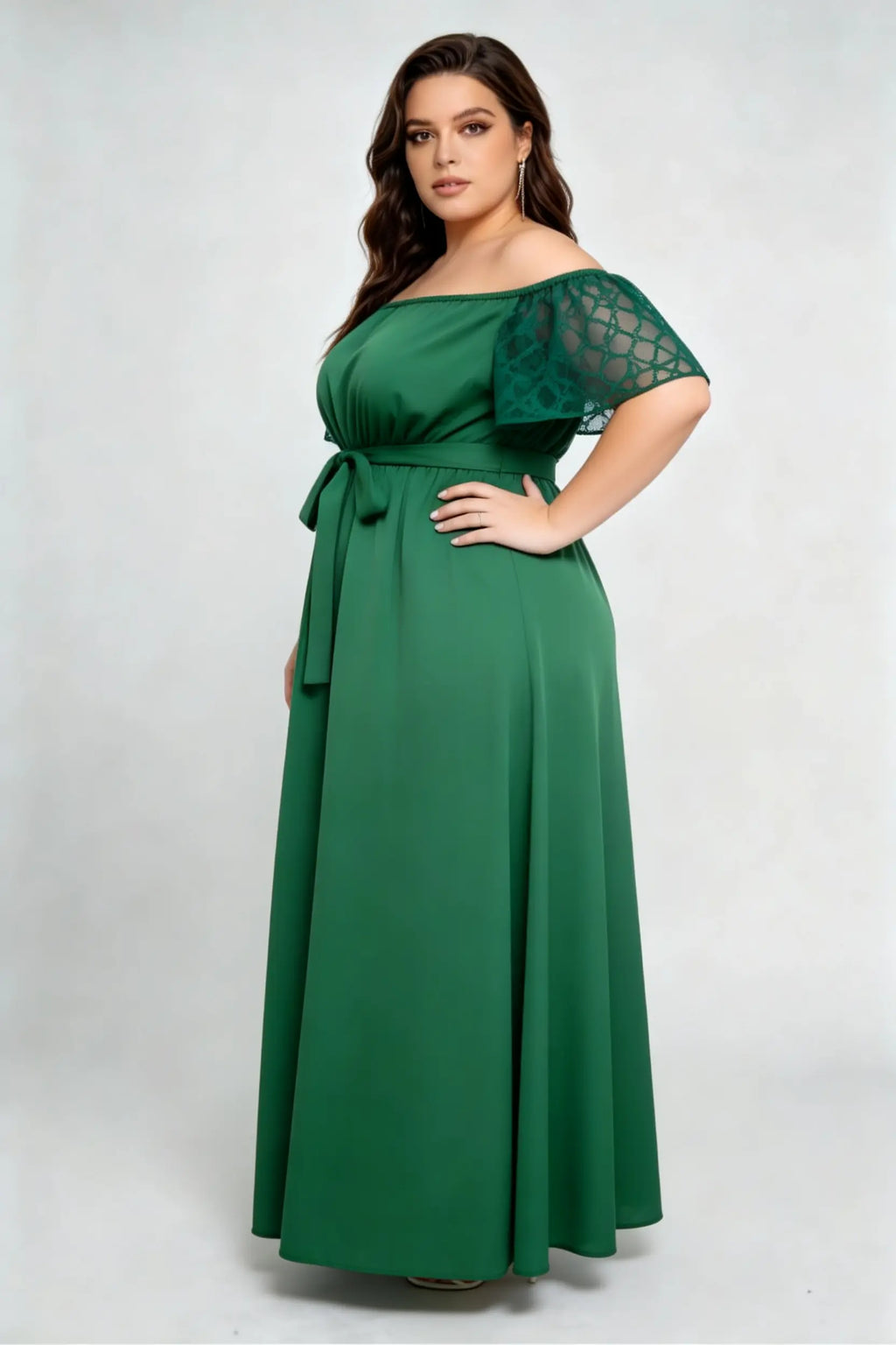 Plus Size Green Off-Shoulder Lace Sleeve Maxi Dress with Waist Tie, Elegant Formal Dress