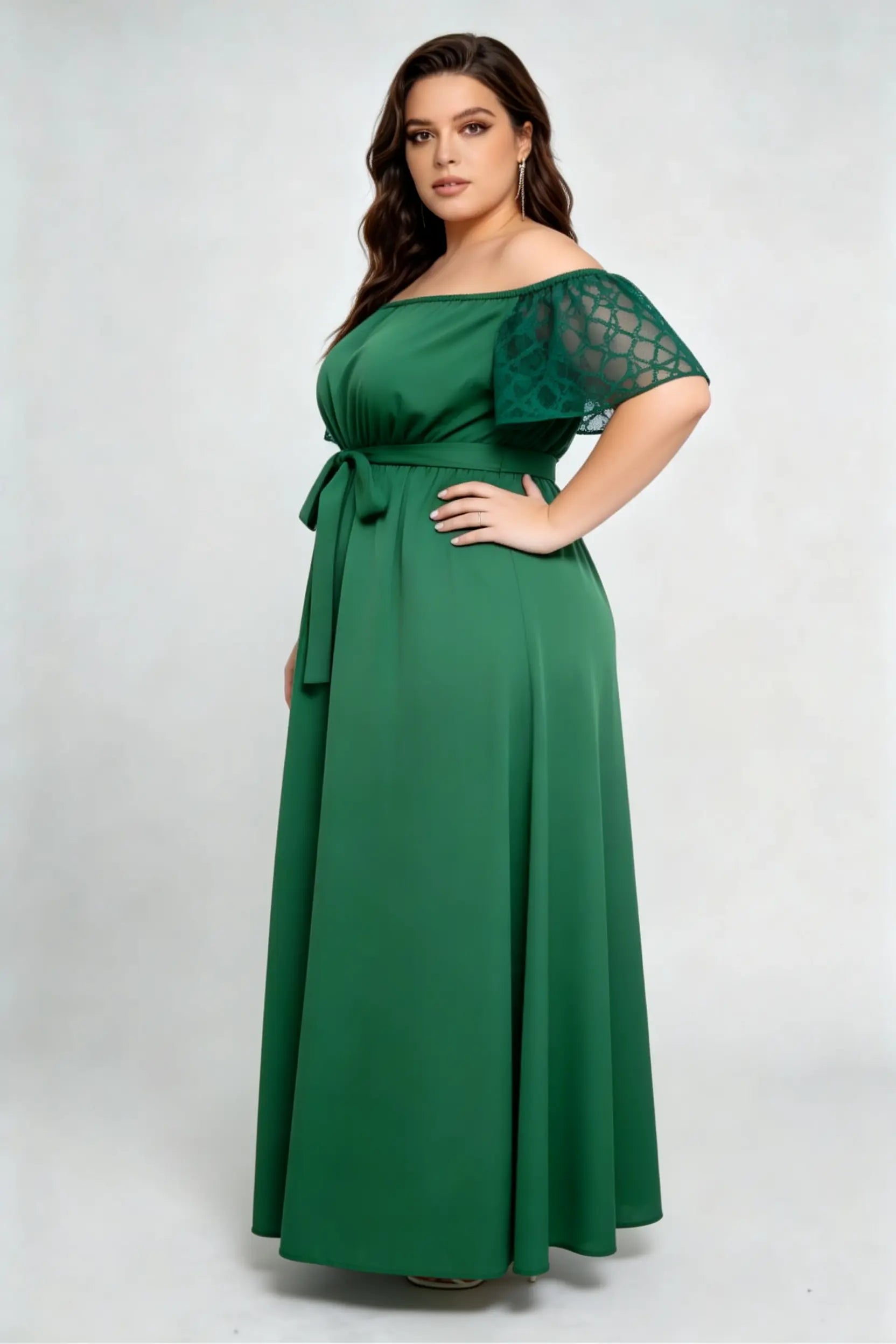 Plus Size Green Off-Shoulder Lace Sleeve Maxi Dress with Waist Tie, Elegant Formal Dress