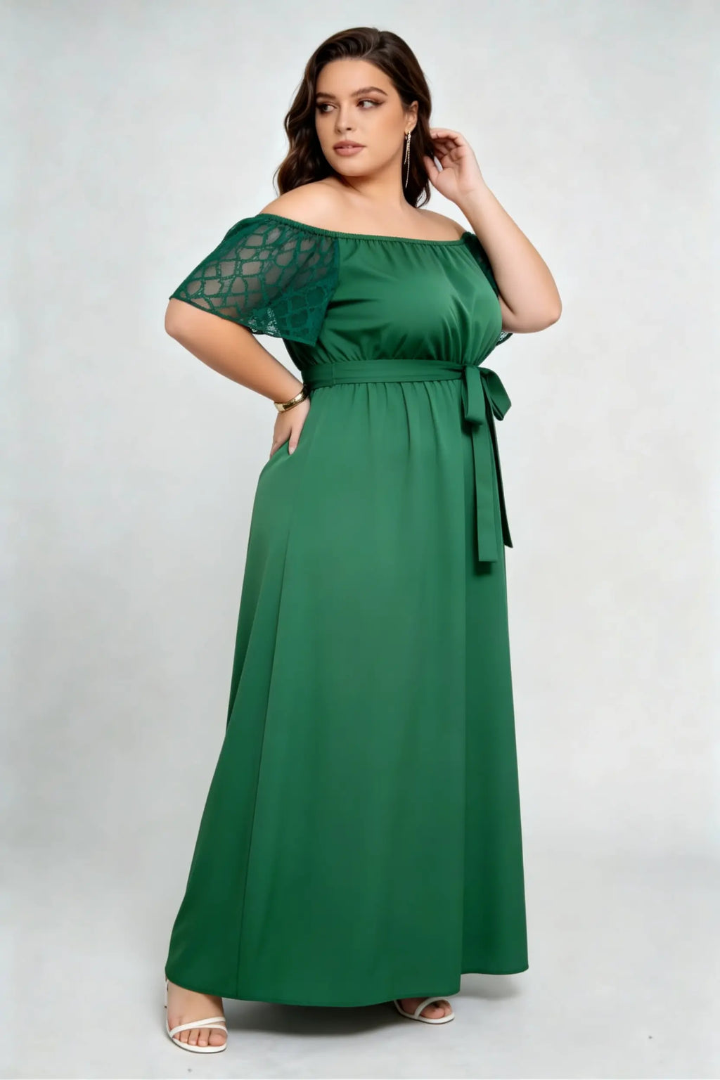 Plus Size Green Off-Shoulder Lace Sleeve Maxi Dress with Waist Tie, Elegant Formal Dress