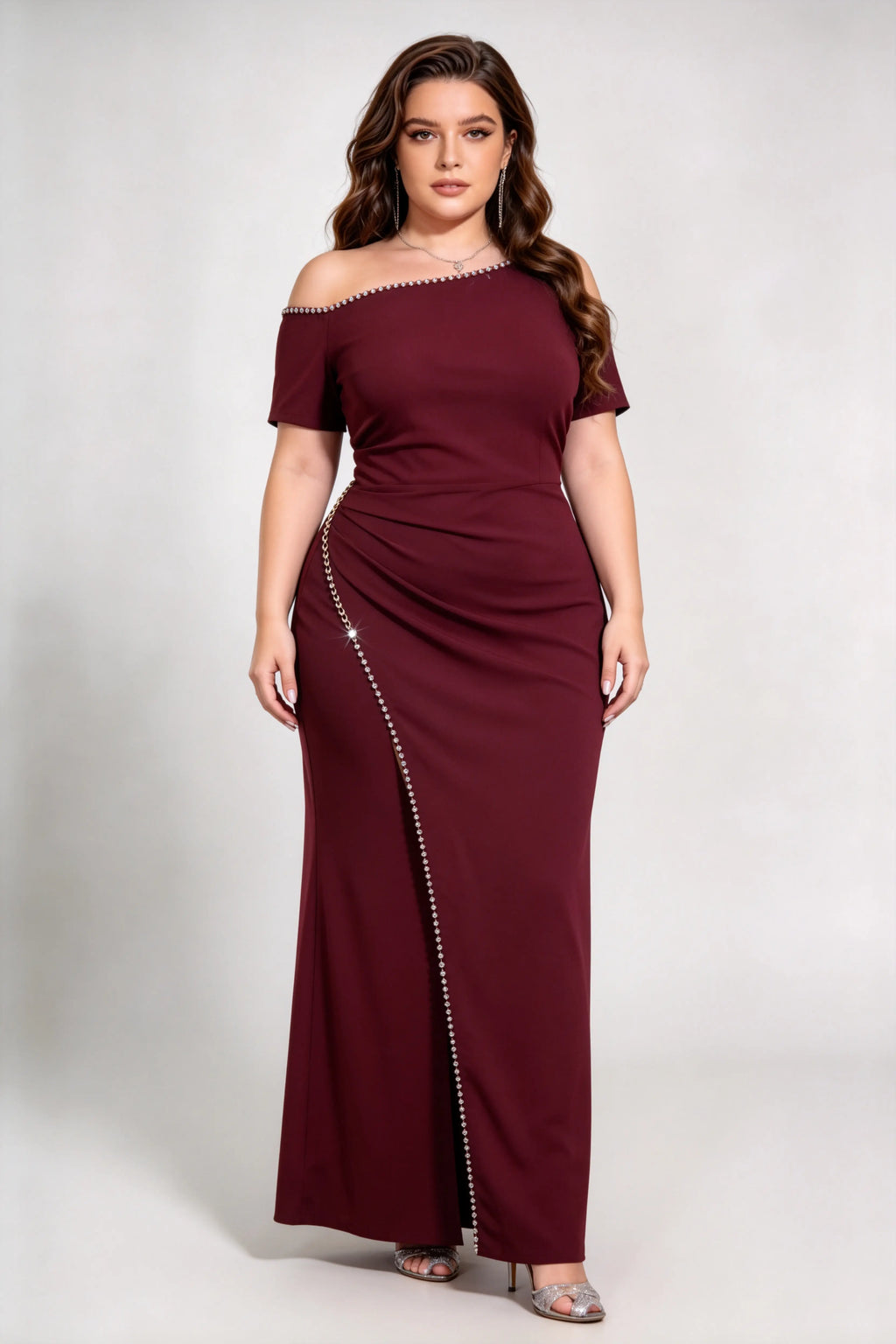 Curvy model wearing plus size rose-red burgundy rhinestone trim evening gown, square neck/off-shoulder mermaid maxi dress with slit