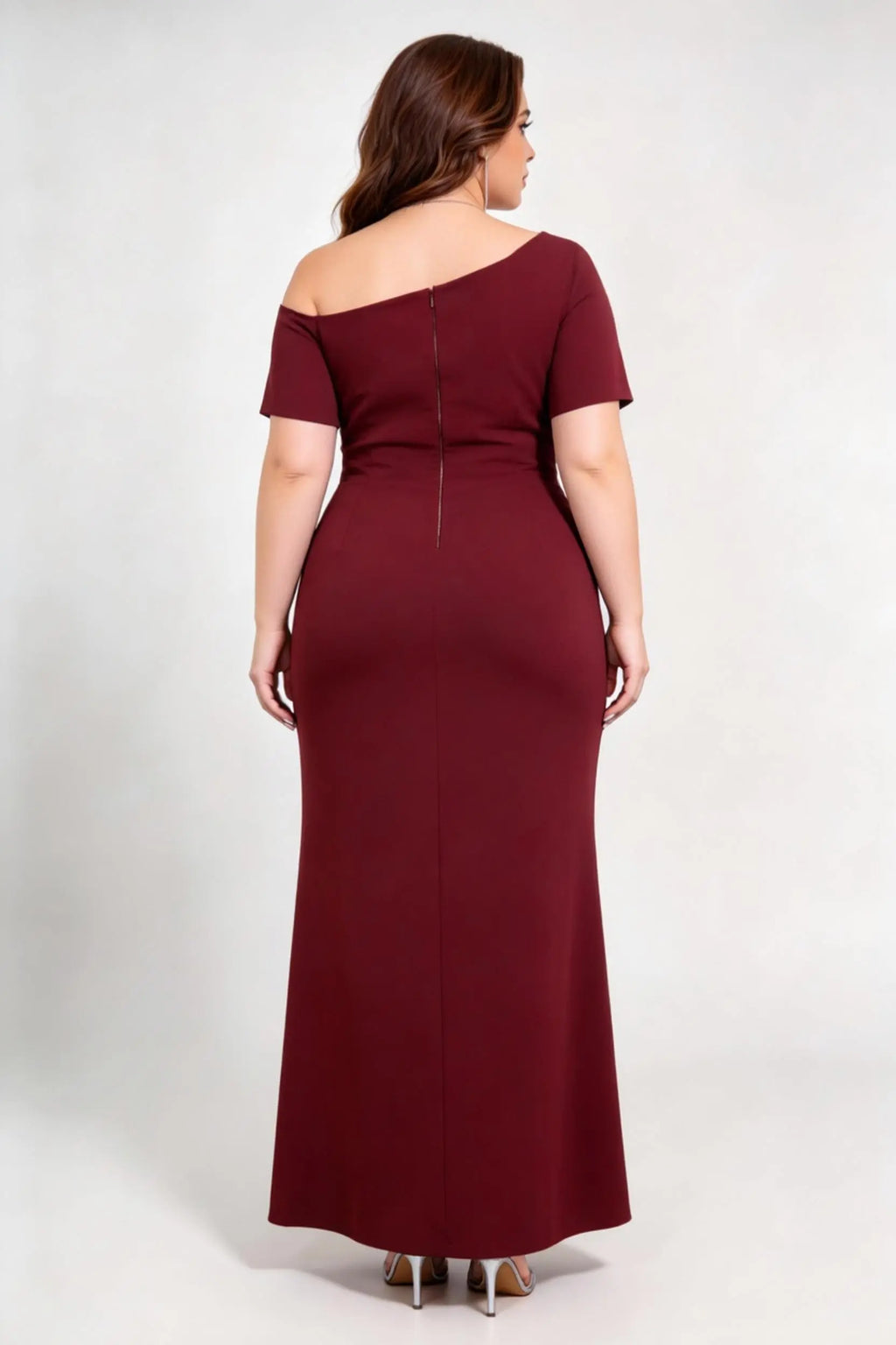 Curvy model wearing plus size rose-red burgundy rhinestone trim evening gown, square neck/off-shoulder mermaid maxi dress with slit