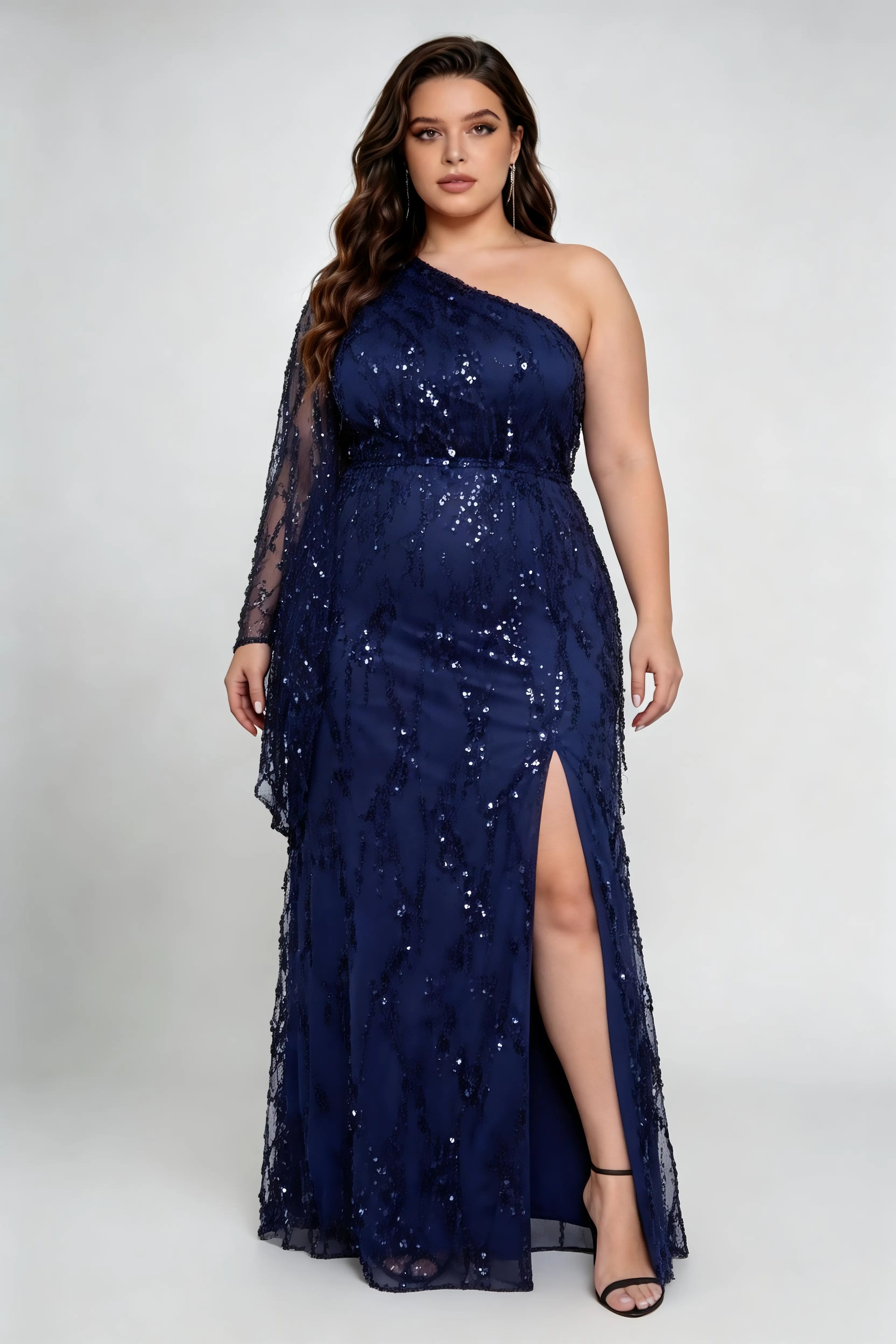 Plus Size Navy Blue Sequin One-Shoulder Evening Gown with Flowy Sleeve and Slit