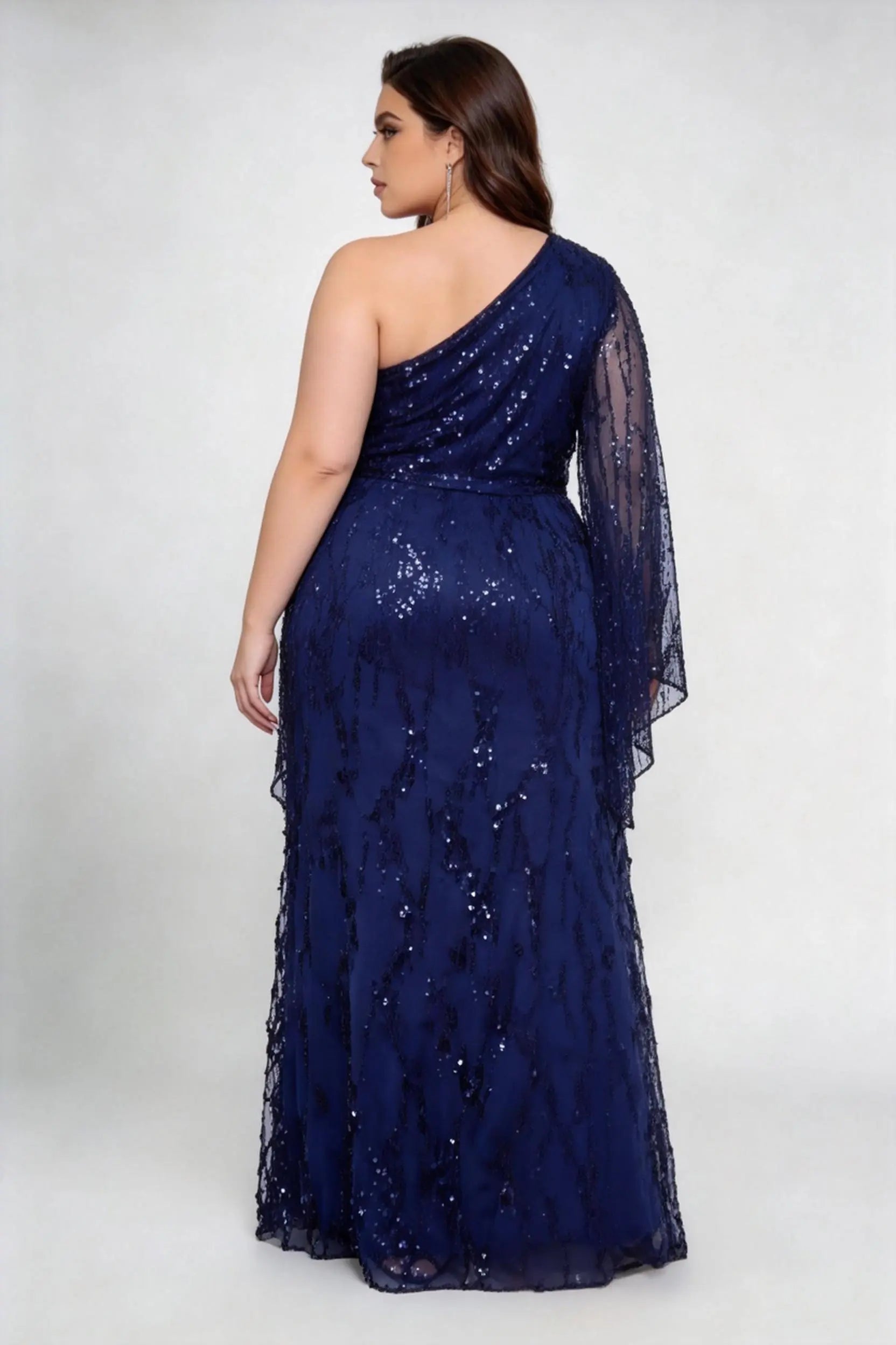 Plus Size Navy Blue Sequin One-Shoulder Evening Gown with Flowy Sleeve and Slit