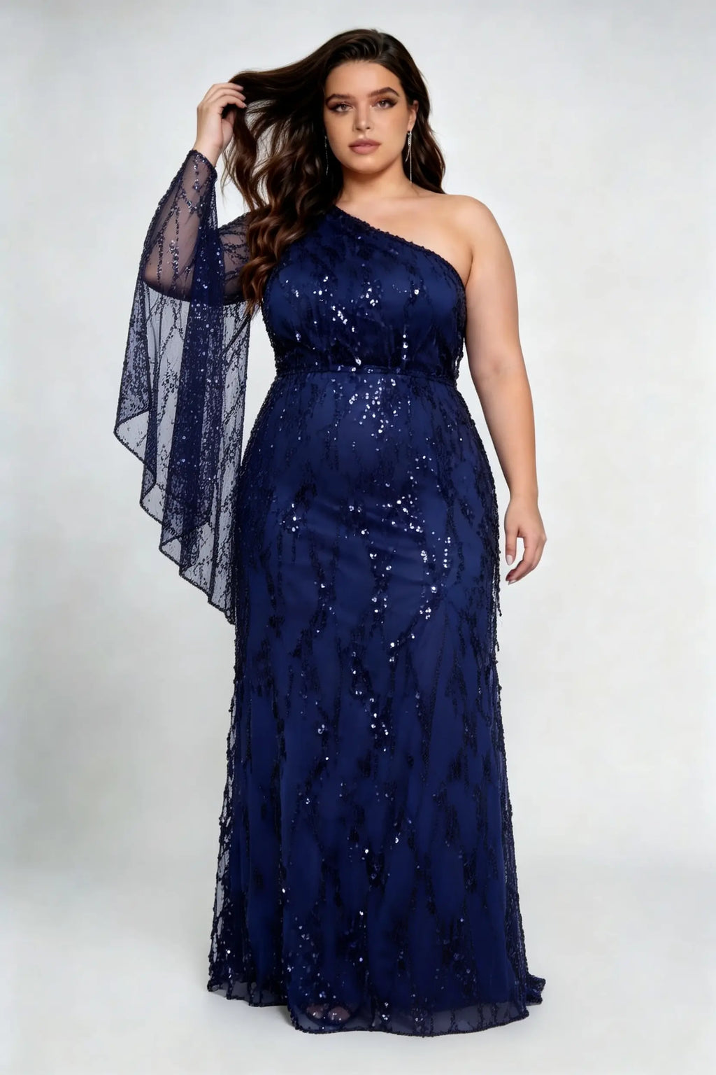 Plus Size Navy Blue Sequin One-Shoulder Evening Gown with Flowy Sleeve and Slit