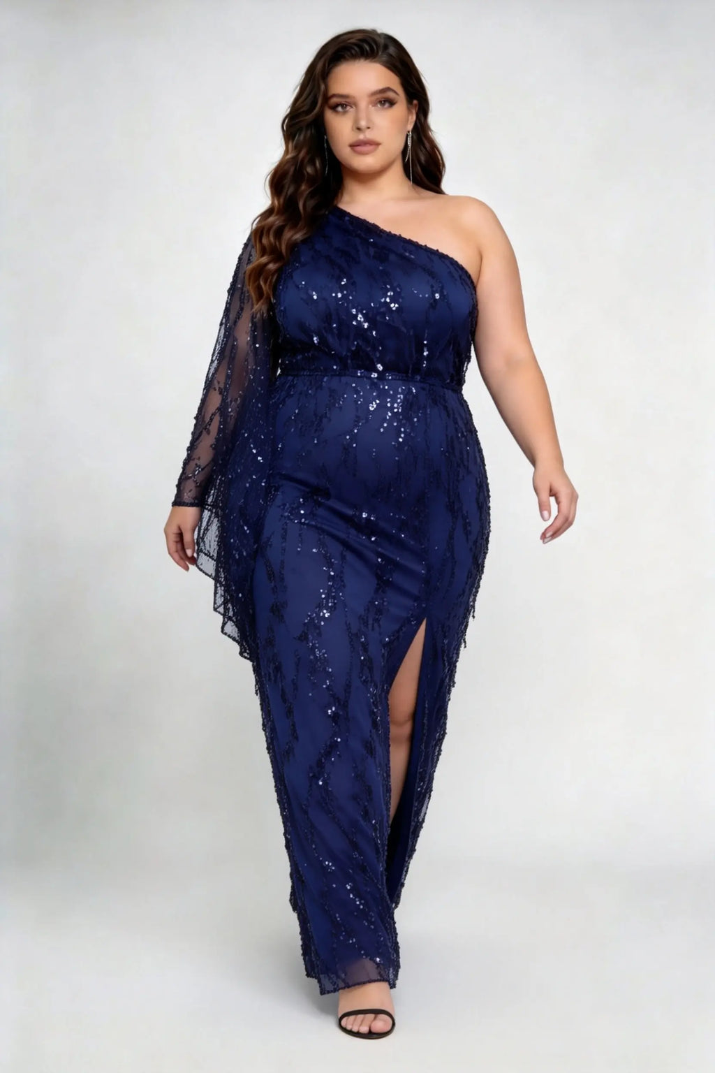 Plus Size Navy Blue Sequin One-Shoulder Evening Gown with Flowy Sleeve and Slit