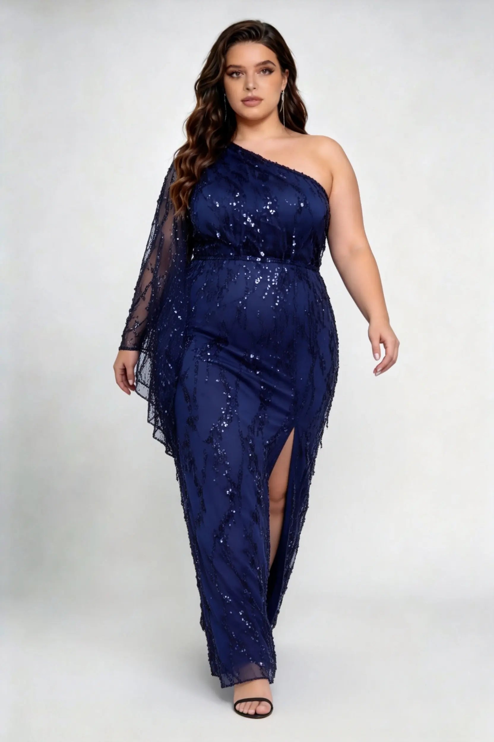 Plus Size Navy Blue Sequin One-Shoulder Evening Gown with Flowy Sleeve and Slit