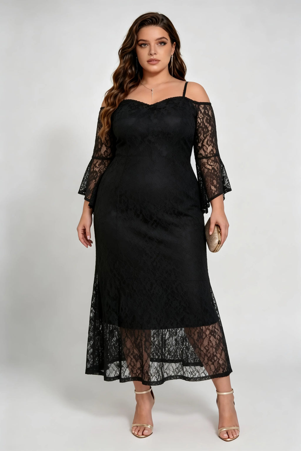 Plus Size Black Lace Off-the-Shoulder Midi Dress with Flare Sleeves