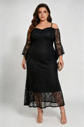 Plus Size Black Lace Off-the-Shoulder Midi Dress with Flare Sleeves
