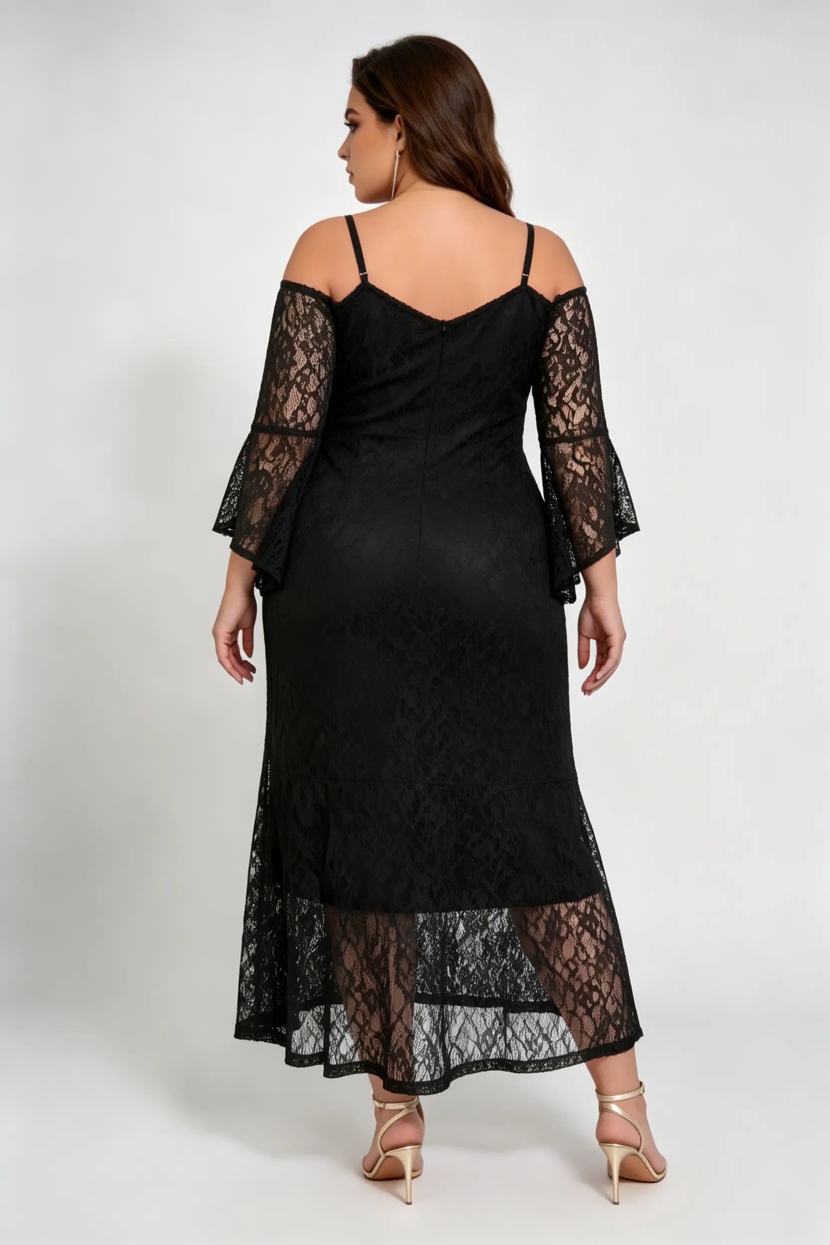 Plus Size Black Lace Off-the-Shoulder Midi Dress with Flare Sleeves