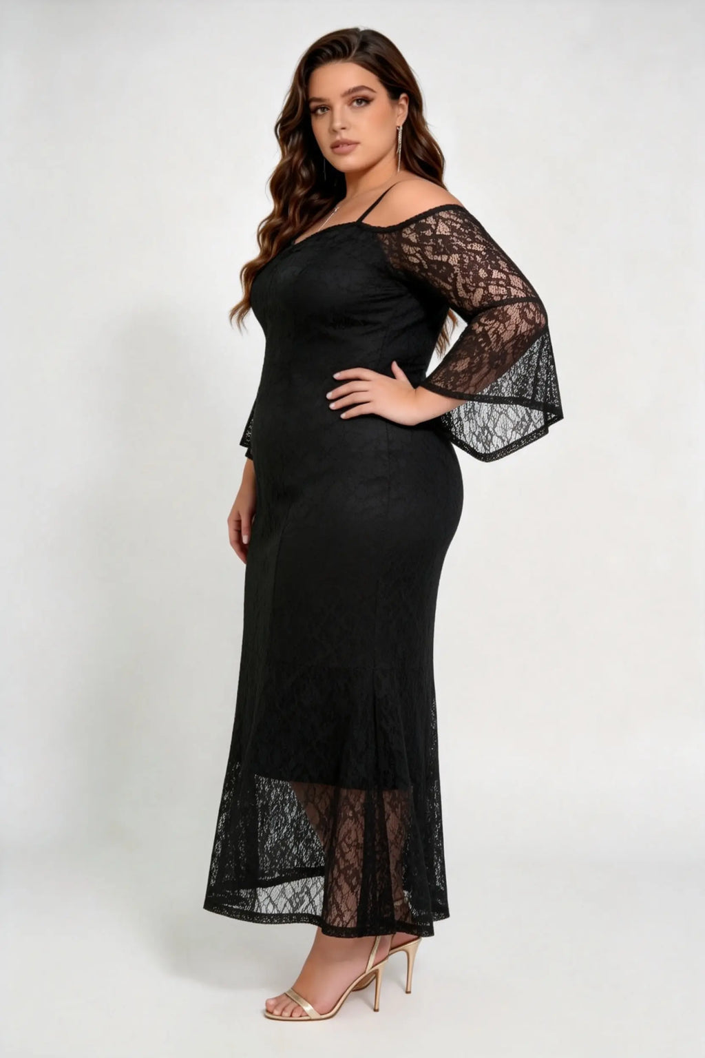 Plus Size Black Lace Off-the-Shoulder Midi Dress with Flare Sleeves