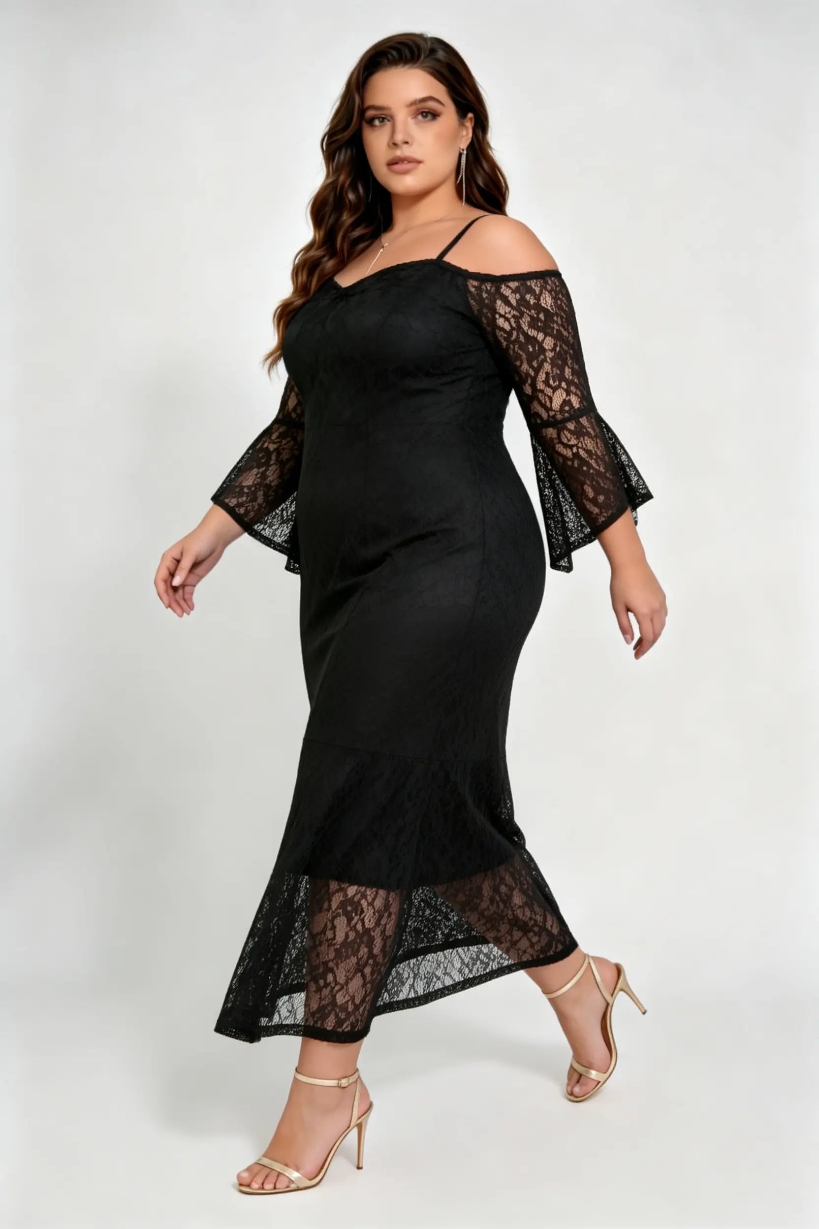 Plus Size Black Lace Off-the-Shoulder Midi Dress with Flare Sleeves