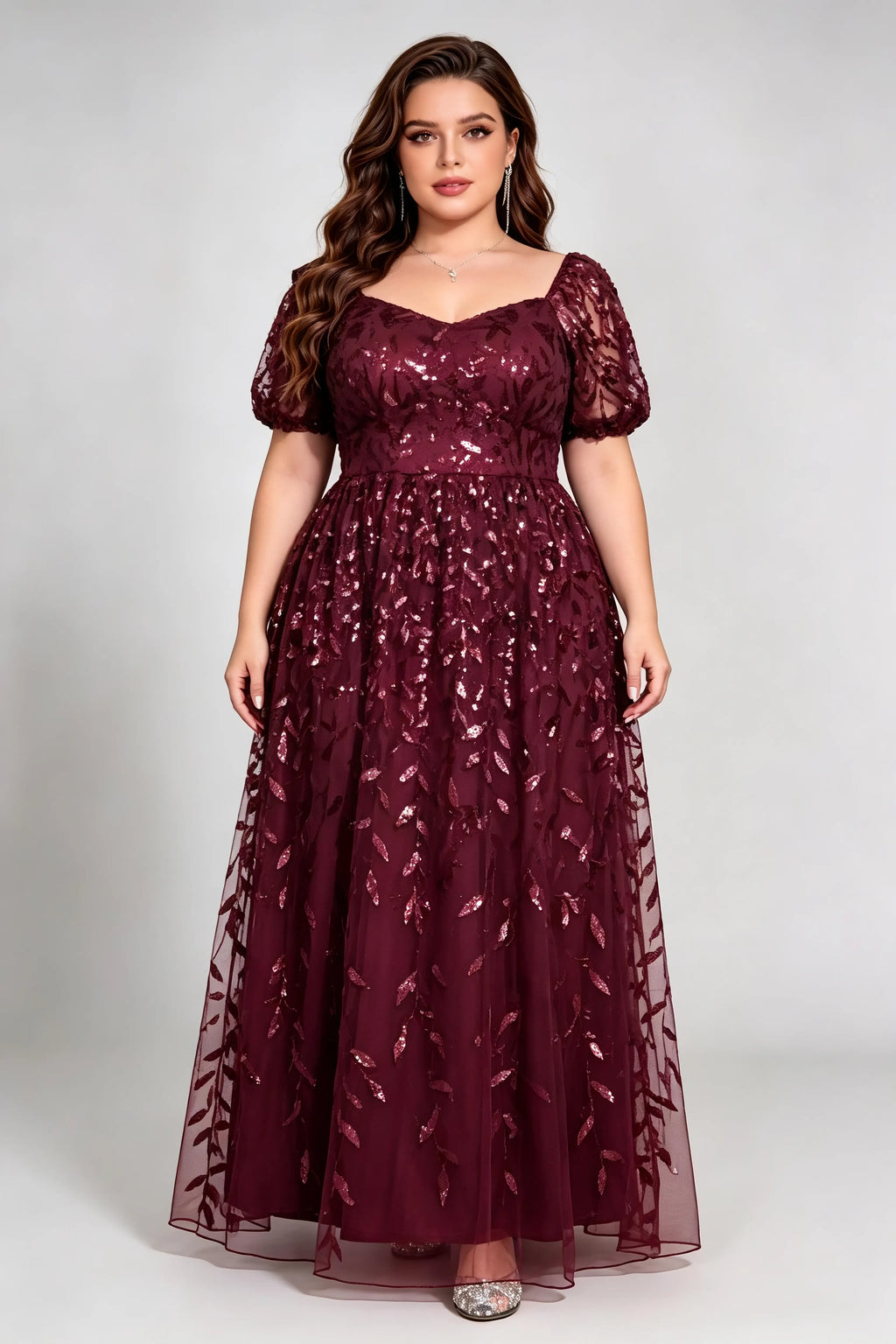 Plus Size Burgundy Sequin Lace A-Line Evening Gown with Puff Sleeves