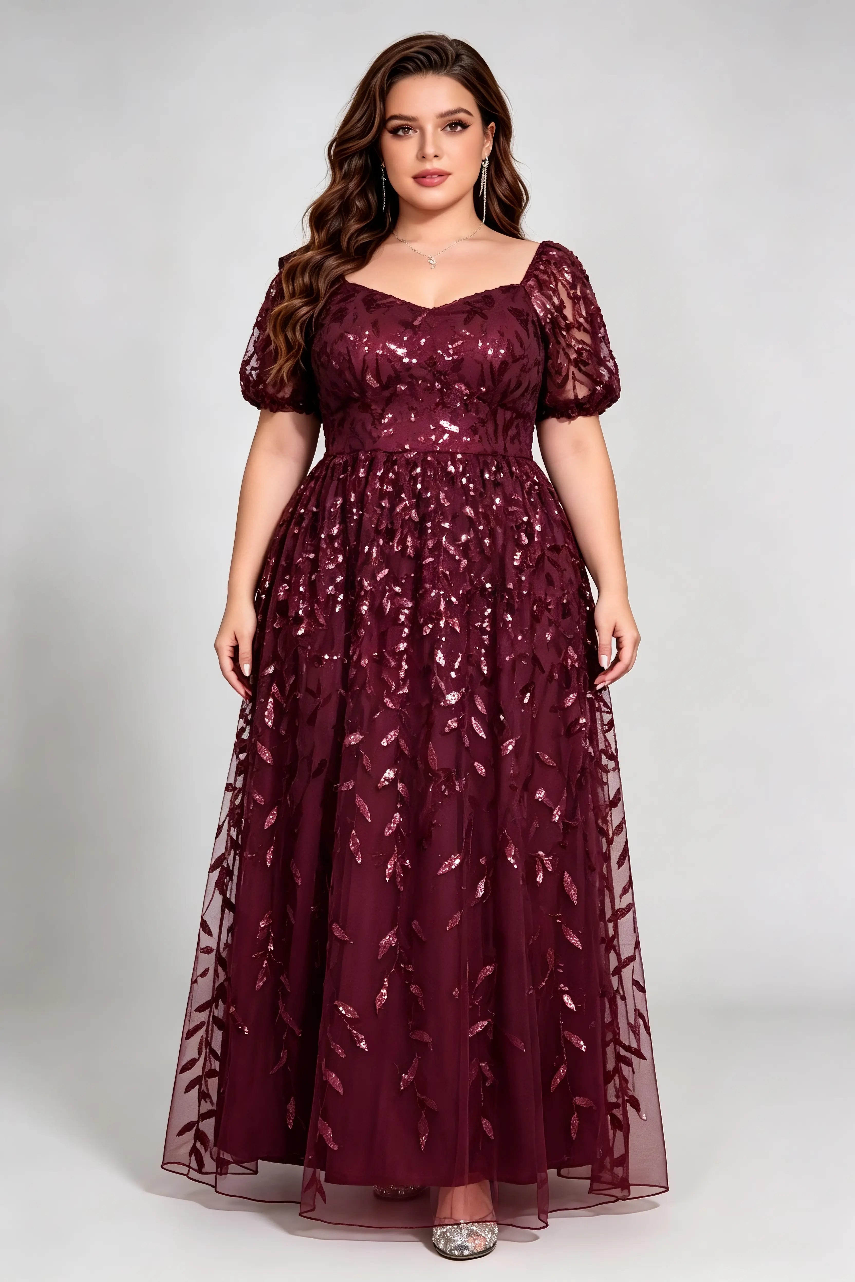 Plus Size Burgundy Sequin Lace A-Line Evening Gown with Puff Sleeves