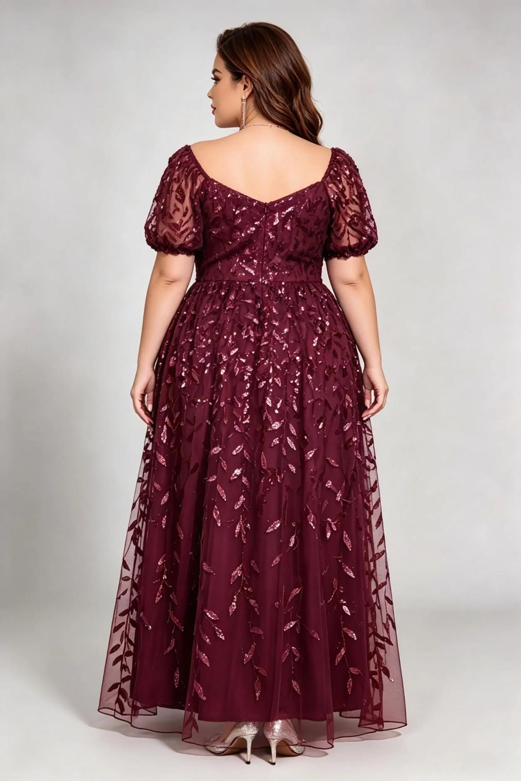 Plus Size Burgundy Sequin Lace A-Line Evening Gown with Puff Sleeves