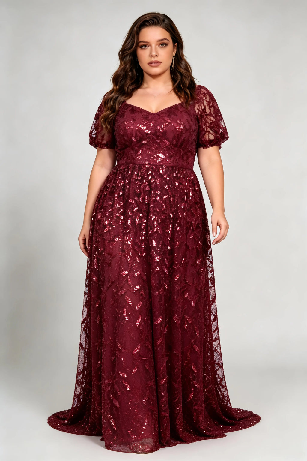 Plus Size Burgundy Sequin Lace A-Line Evening Gown with Puff Sleeves