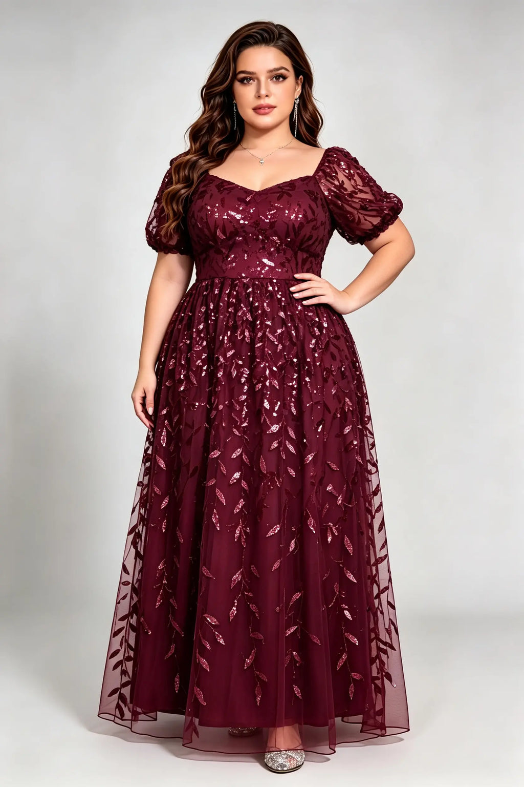 Plus Size Burgundy Sequin Lace A-Line Evening Gown with Puff Sleeves