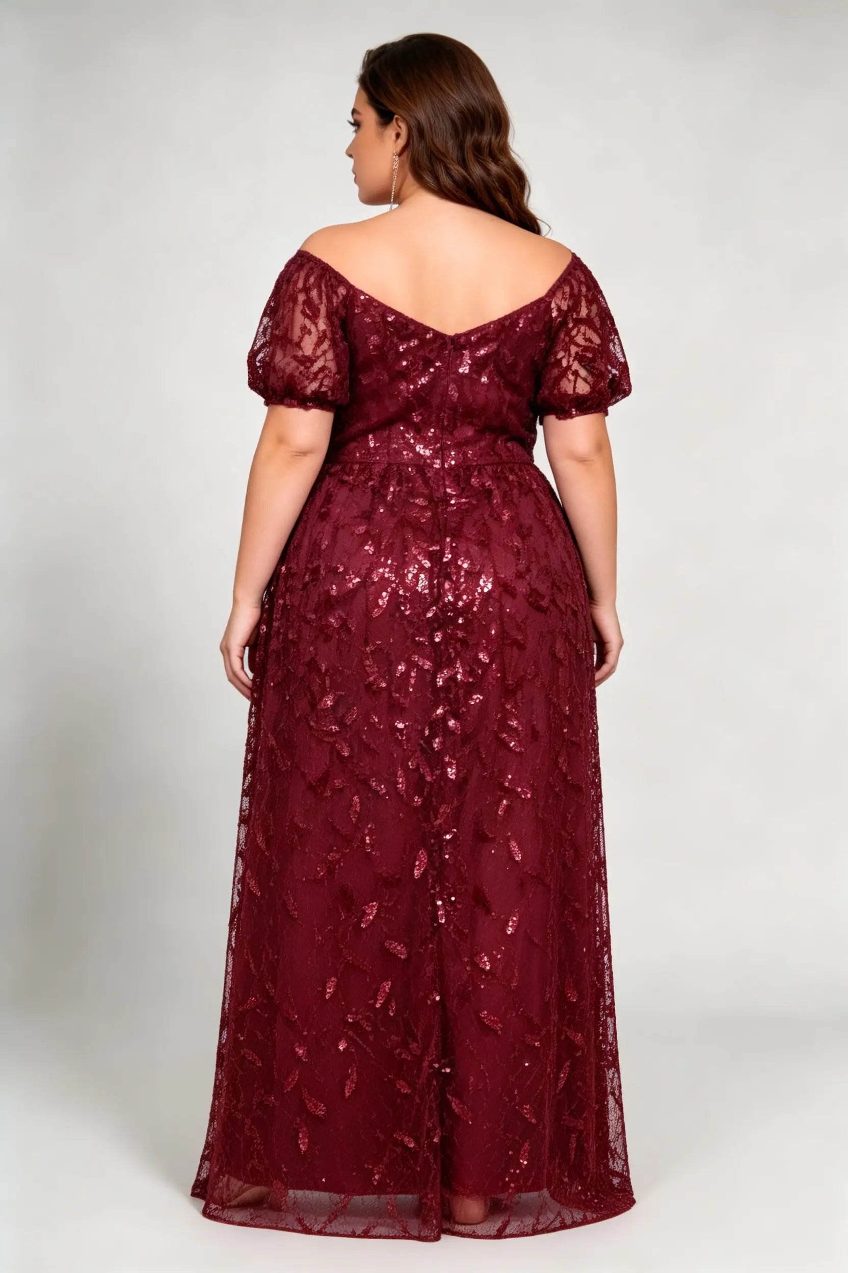 Plus Size Burgundy Sequin Lace A-Line Evening Gown with Puff Sleeves