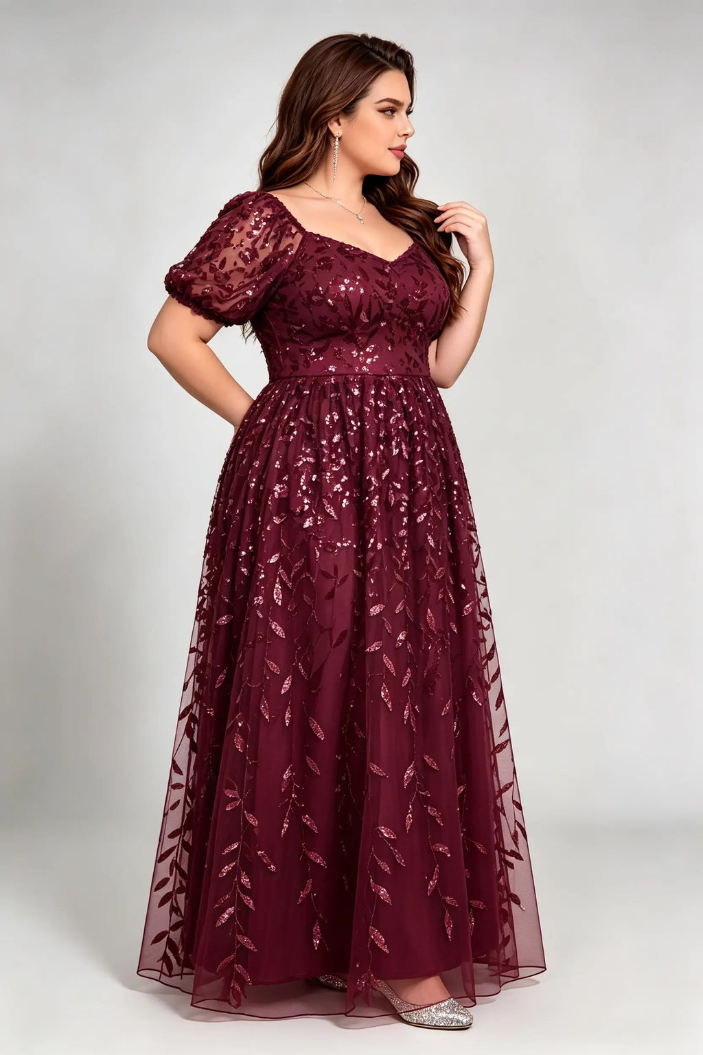 Plus Size Burgundy Sequin Lace A-Line Evening Gown with Puff Sleeves