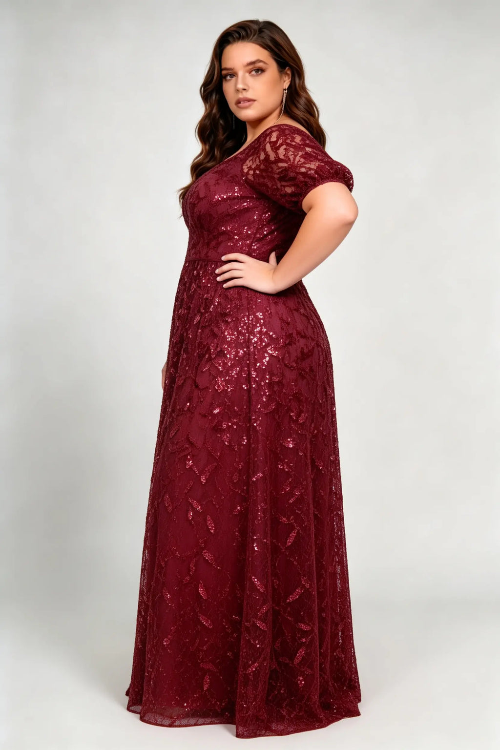 Plus Size Burgundy Sequin Lace A-Line Evening Gown with Puff Sleeves