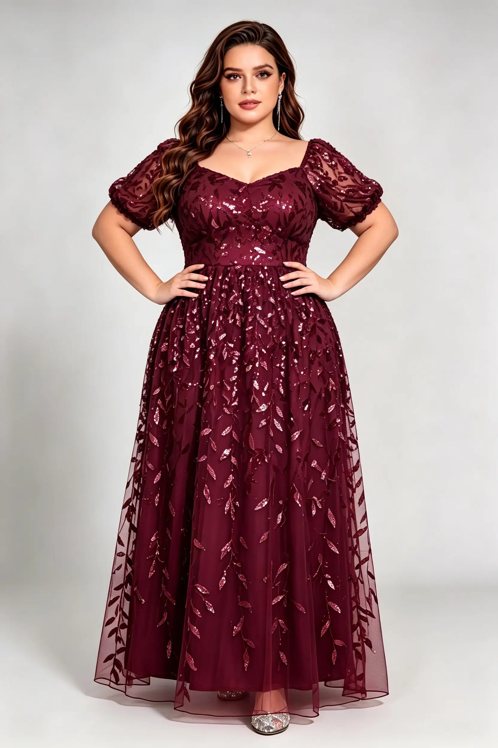 Plus Size Burgundy Sequin Lace A-Line Evening Gown with Puff Sleeves