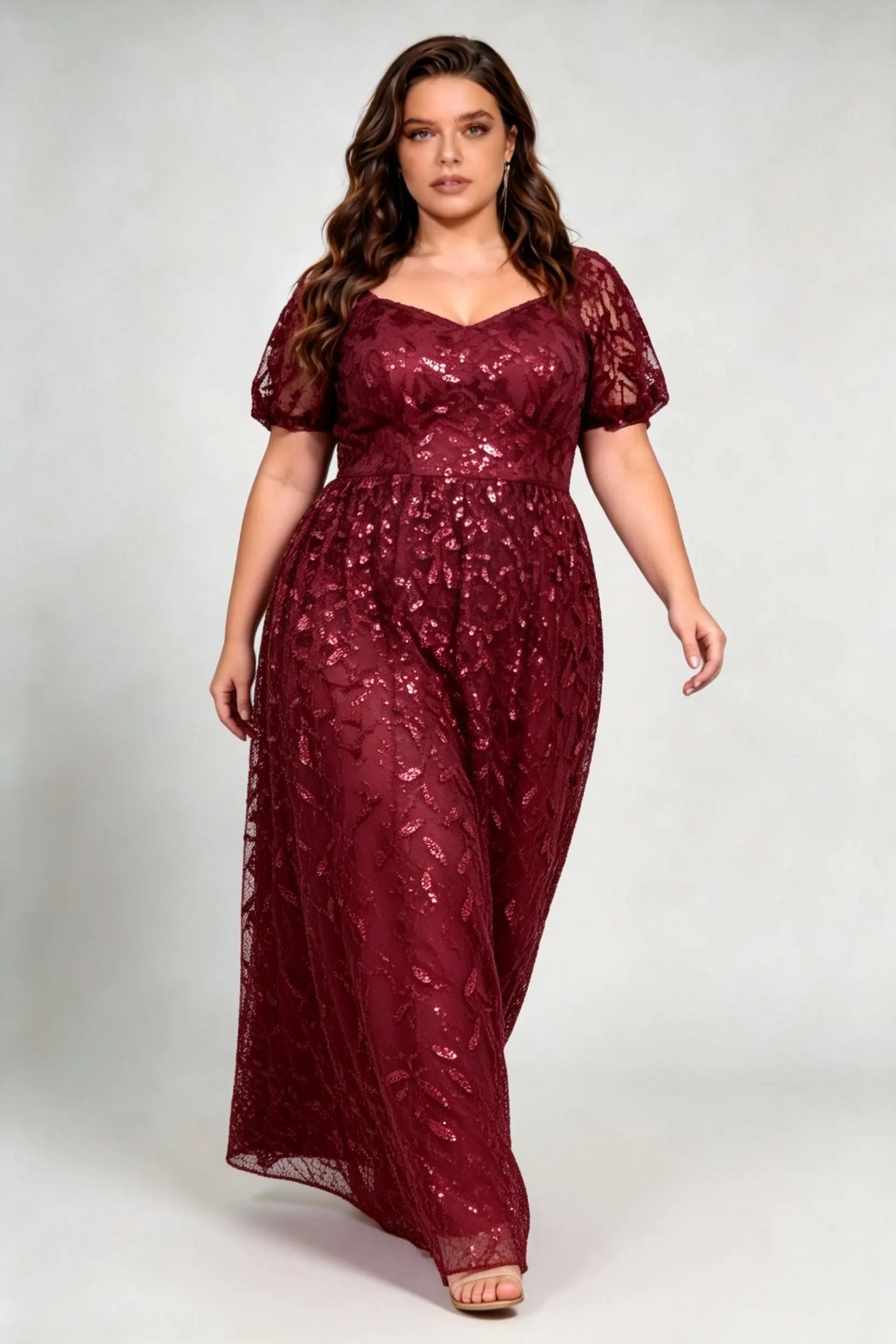 Plus Size Burgundy Sequin Lace A-Line Evening Gown with Puff Sleeves
