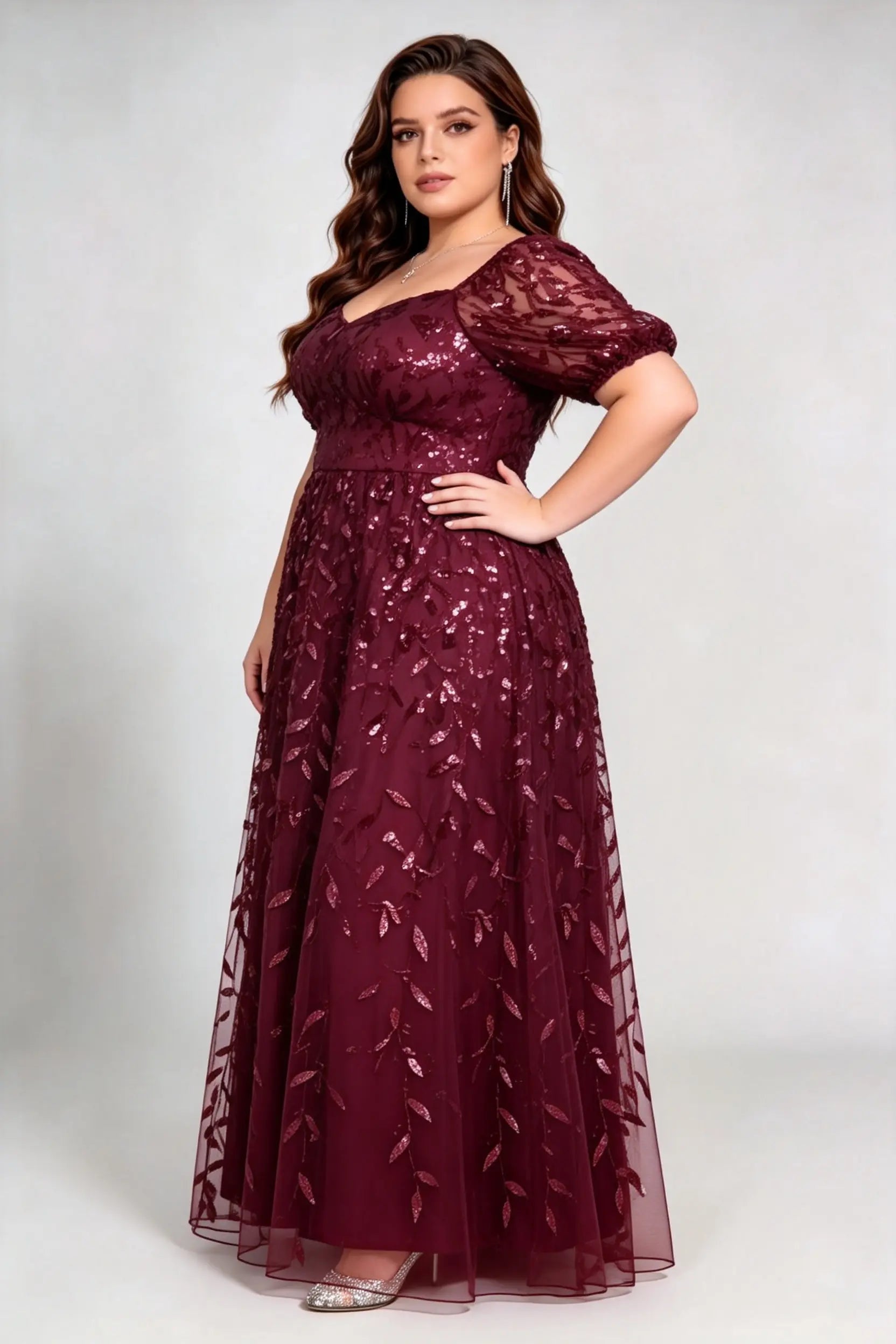 Plus Size Burgundy Sequin Lace A-Line Evening Gown with Puff Sleeves
