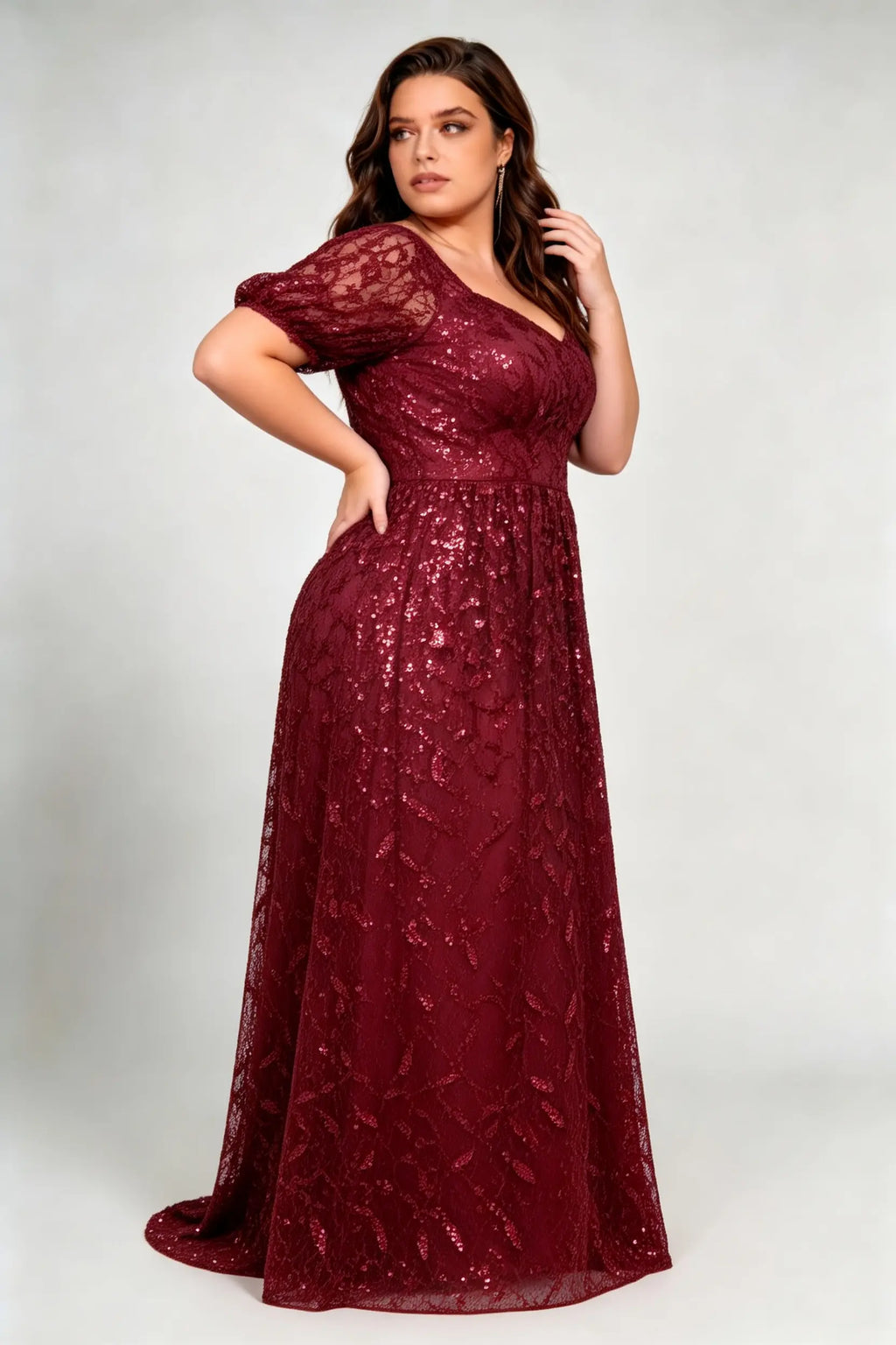 Plus Size Burgundy Sequin Lace A-Line Evening Gown with Puff Sleeves