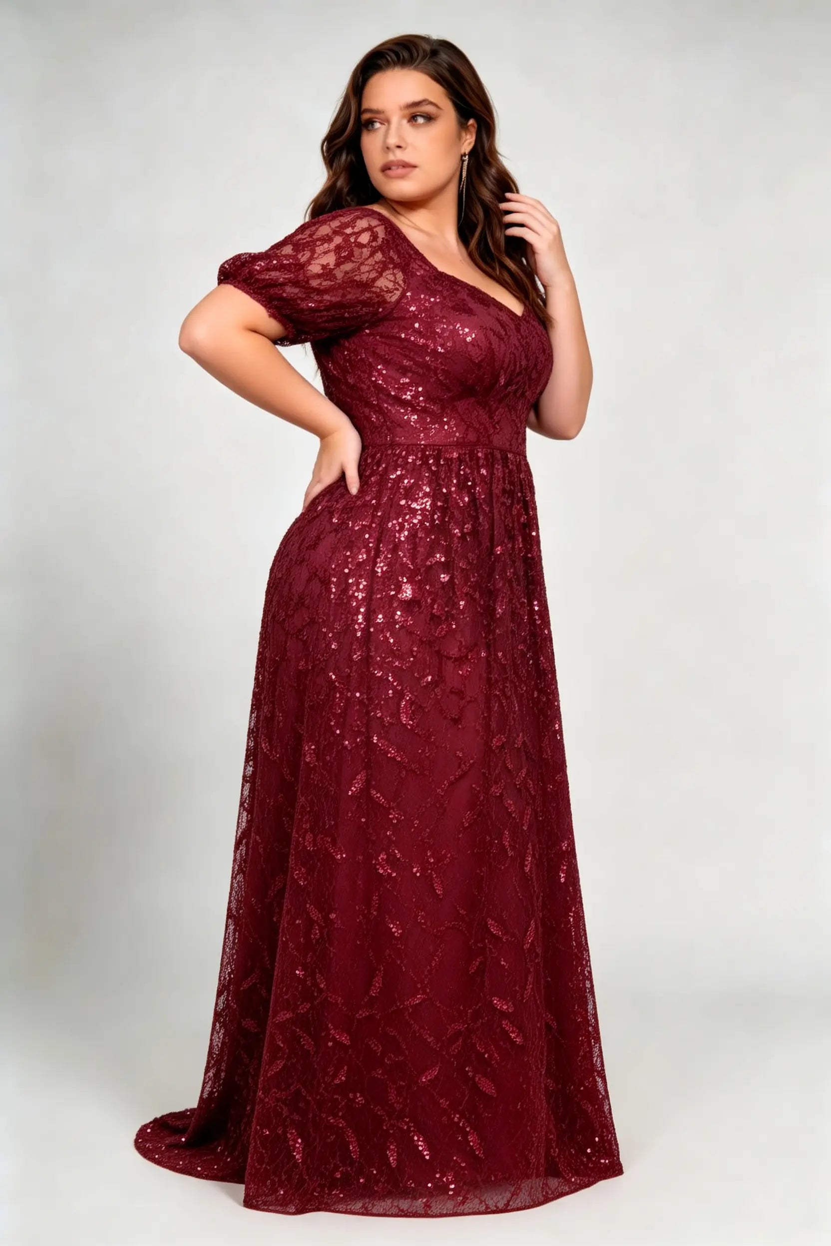 Plus Size Burgundy Sequin Lace A-Line Evening Gown with Puff Sleeves